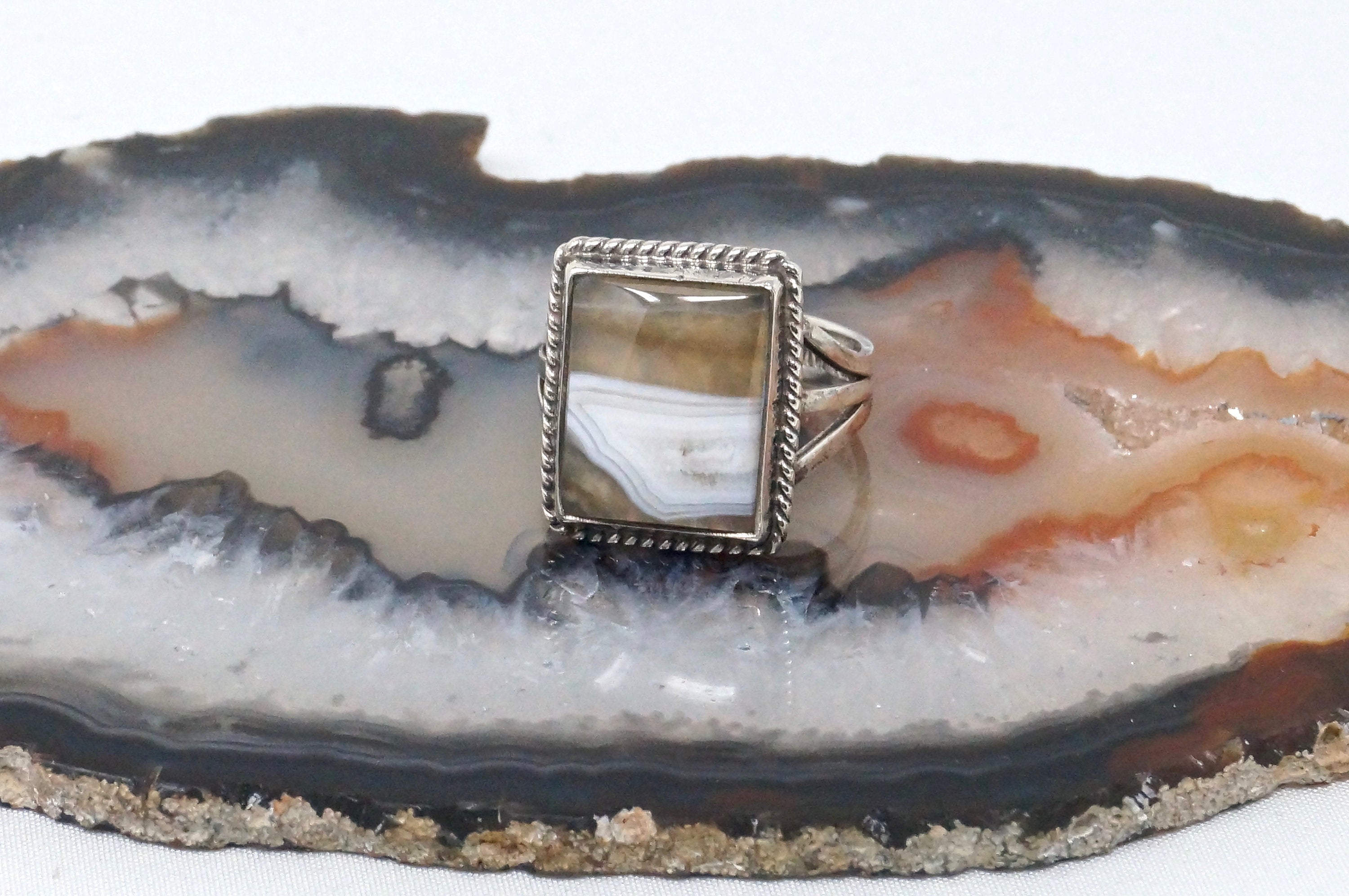 Vintage Brown Lace Agate Cable Design Southwestern Sterling Silver Ring Size 6.5