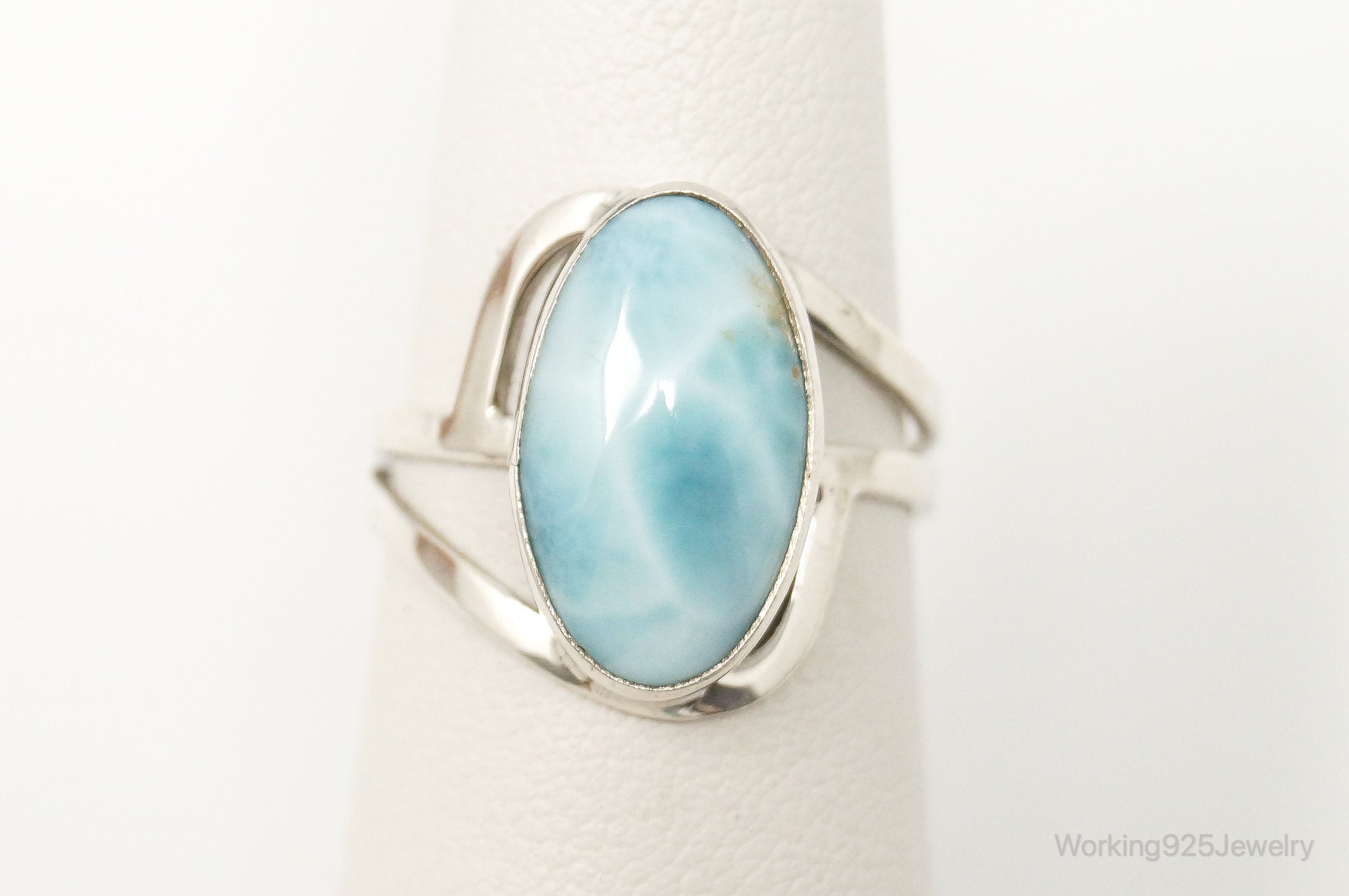 Vintage Blue Larimar Modernist Sterling Silver Ring - Size 6.25