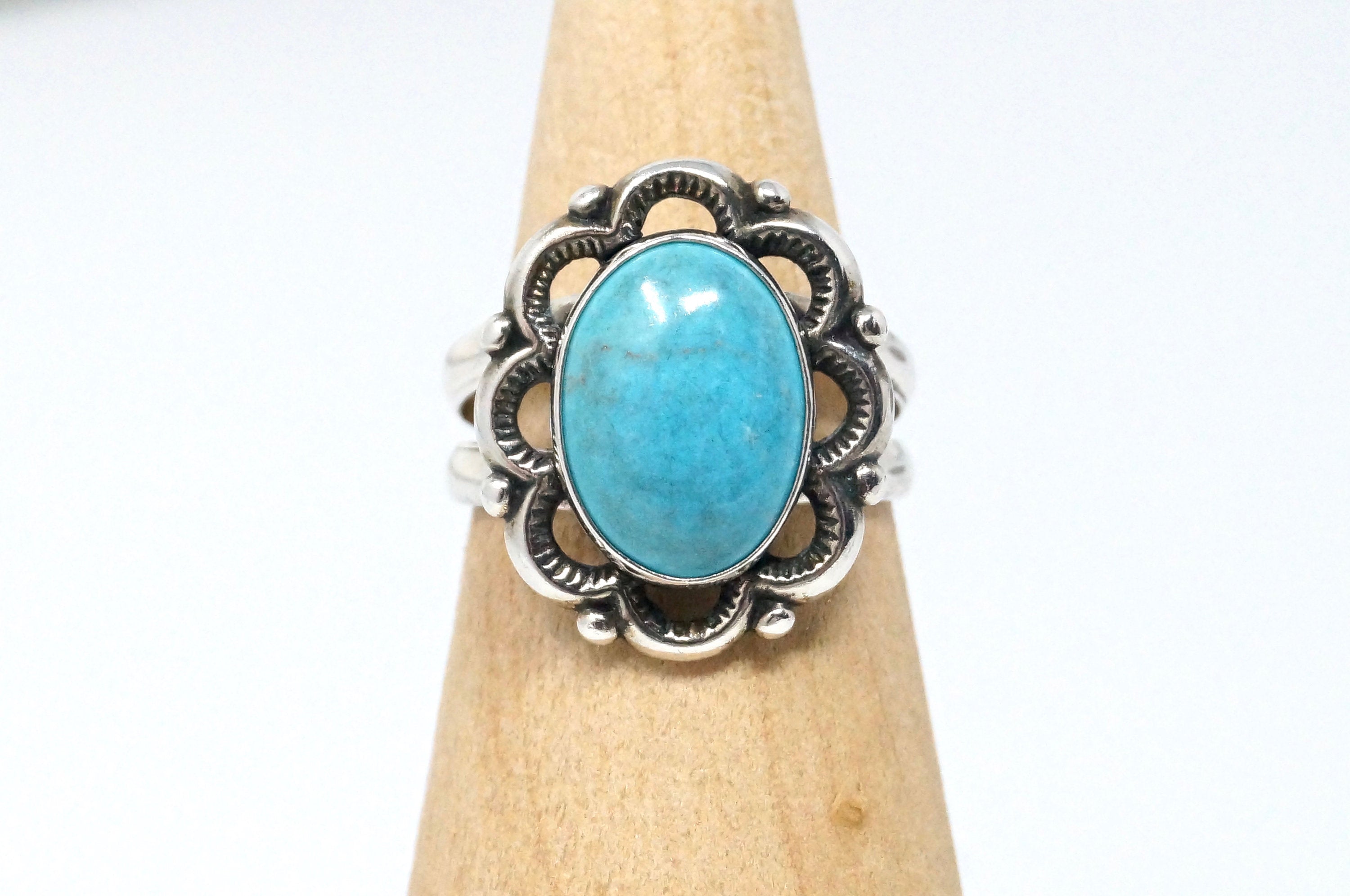 Vintage Designer QT Blue Turquoise Southwestern Sterling Silver Ring - Size 7