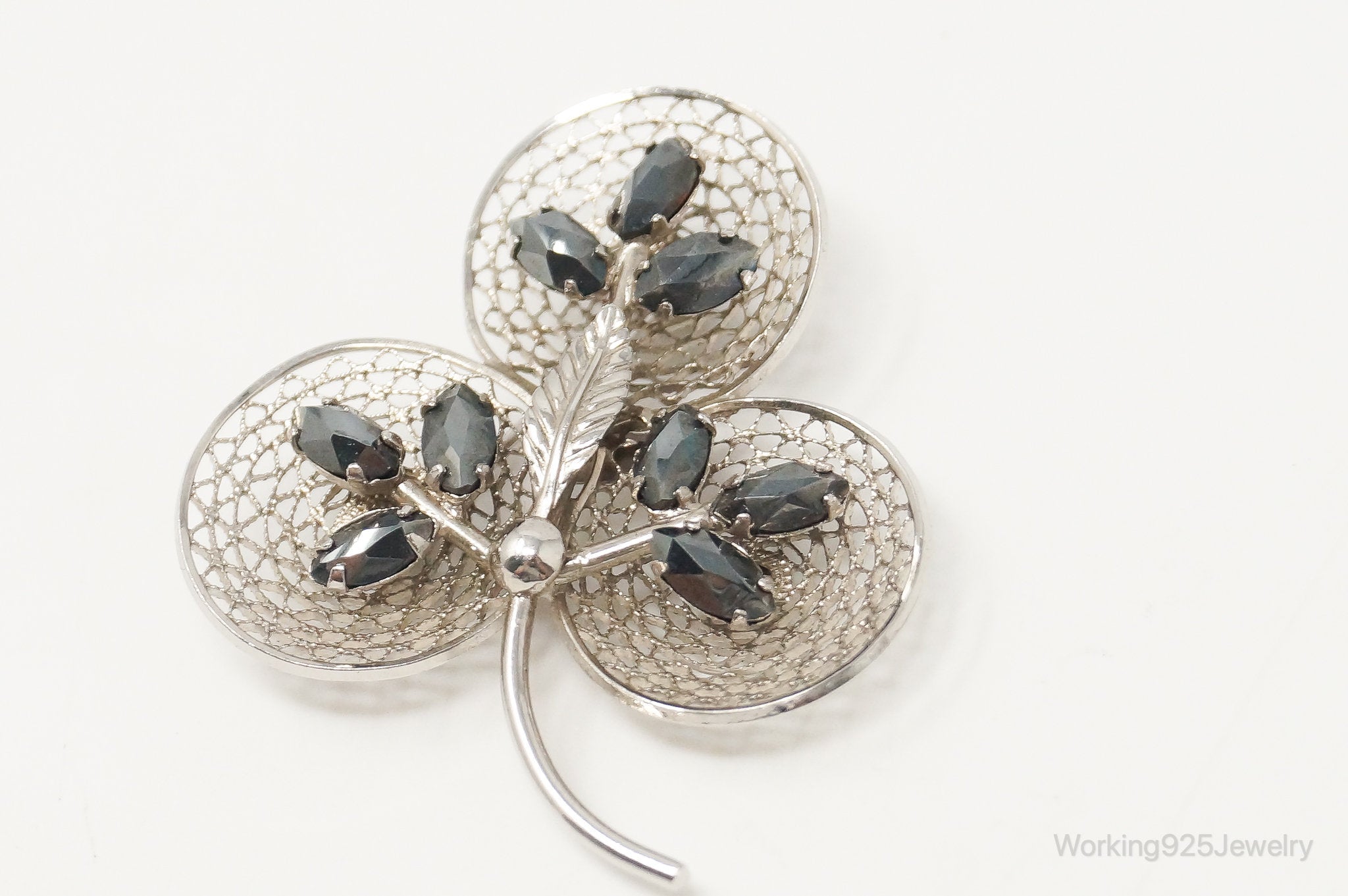 Vintage Designer Sorrento Hematite Clover Sterling Silver Brooch Pin