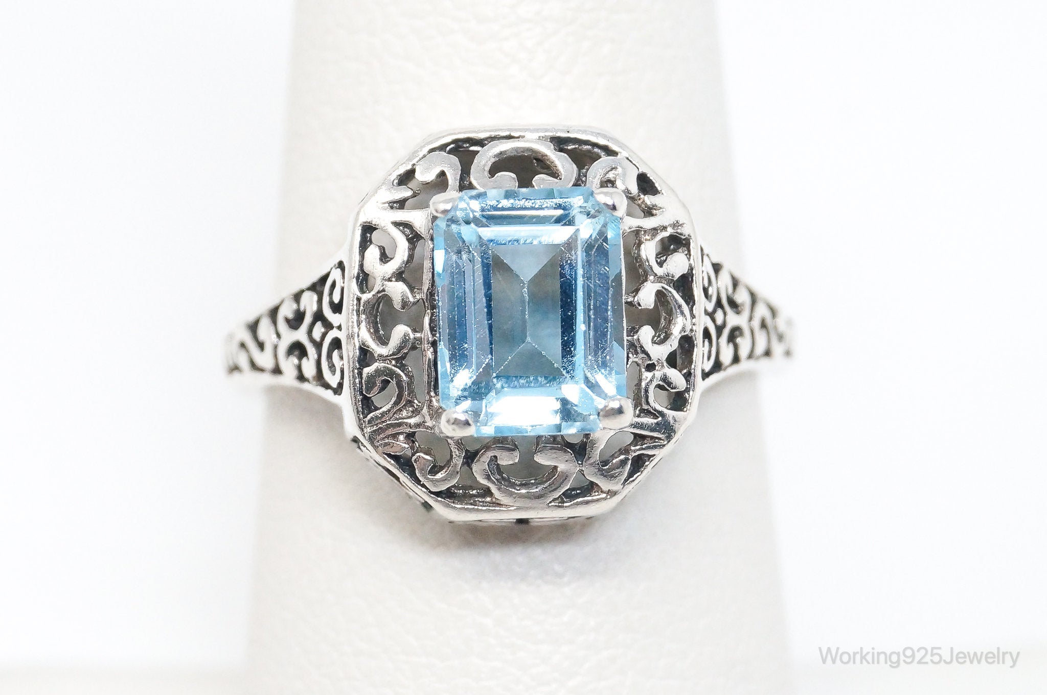 Vintage Blue Topaz Art Deco Sterling Silver Ring - Size 6.75