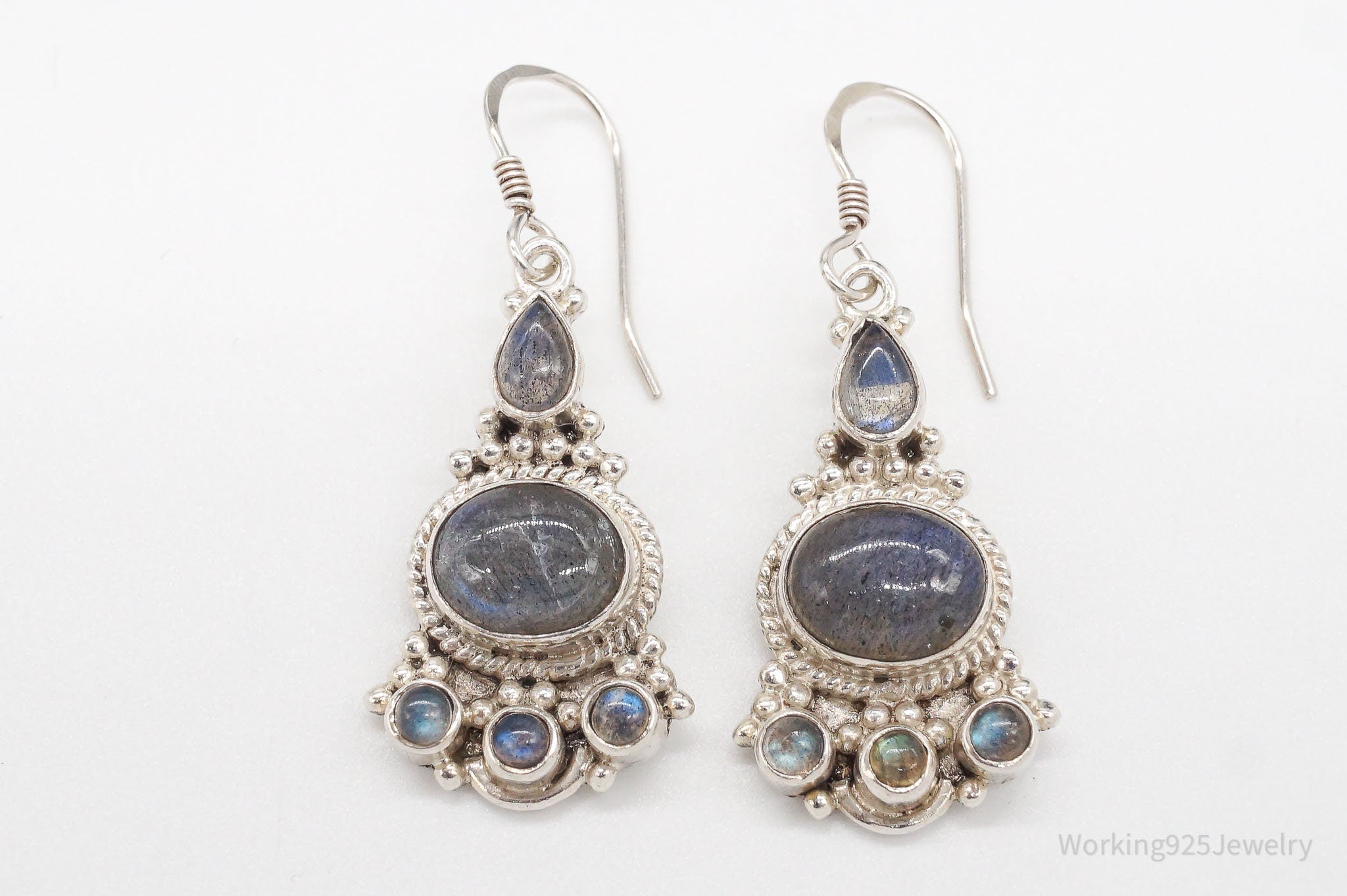 Vintage Labradorite Bali Inspired Filigree Sterling Silver Earrings