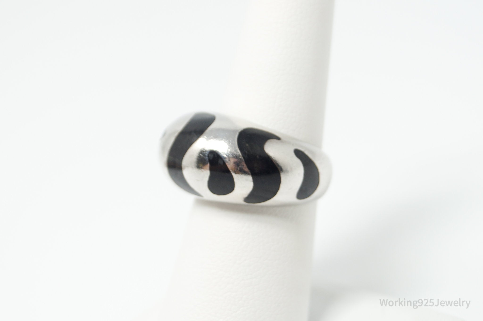 Vintage Black Enamel Tiger Stripe Design Sterling Silver Ring - Size 6.5