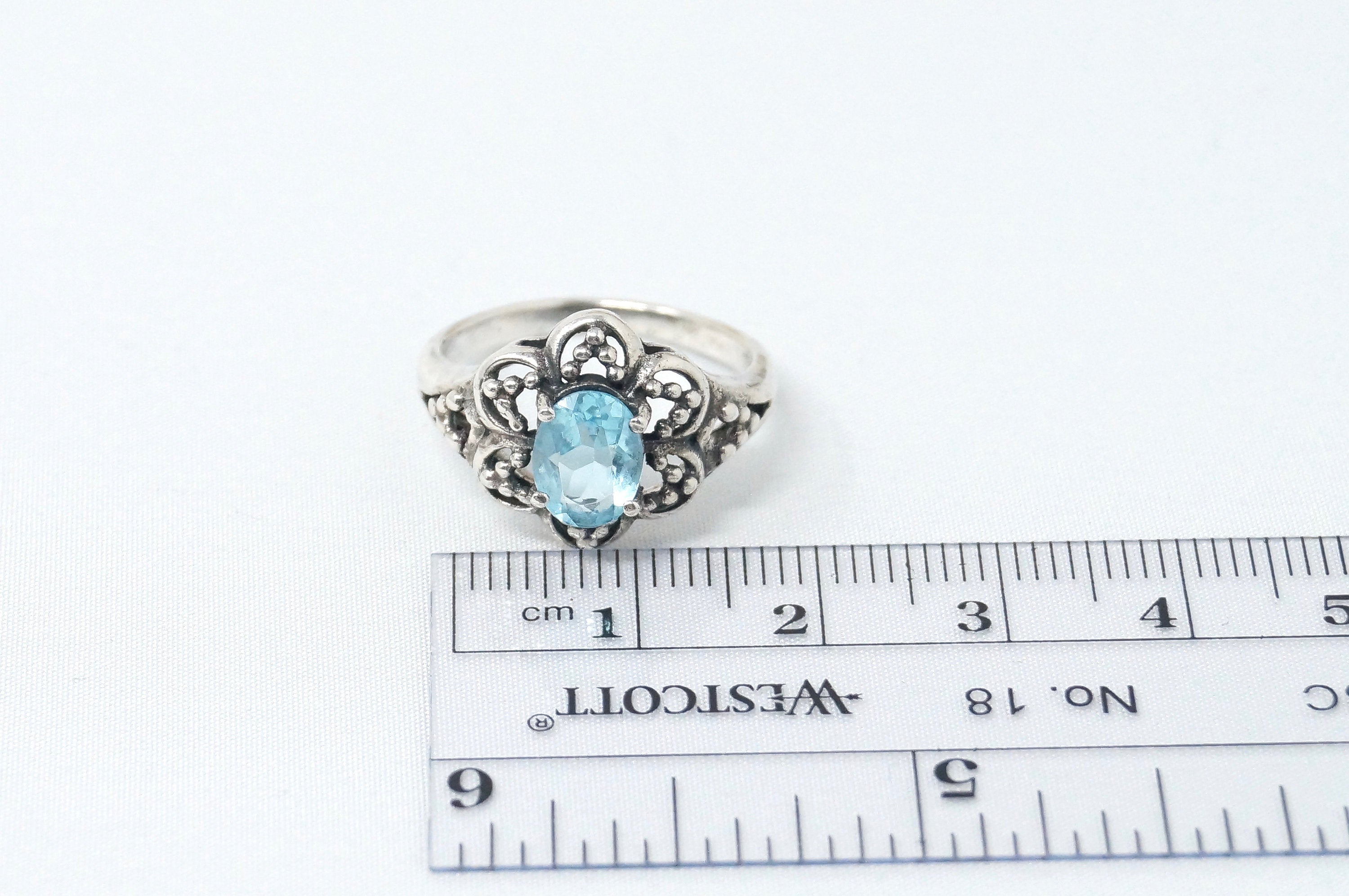 Vintage Art Deco Blue Topaz Flower Burst Cut Out Sterling Silver Ring Size 6.25