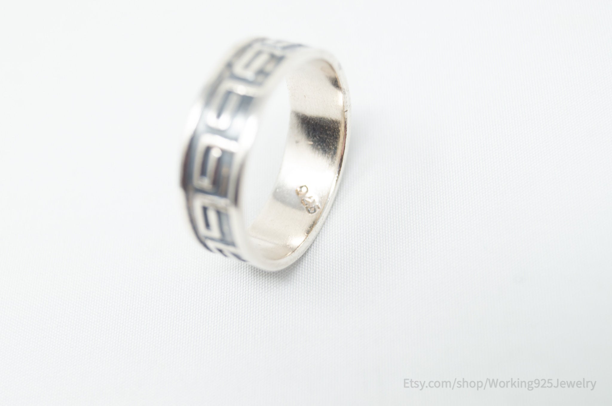 Vintage Greek Key Design Oxidized Sterling Silver Band Ring - Sz 9