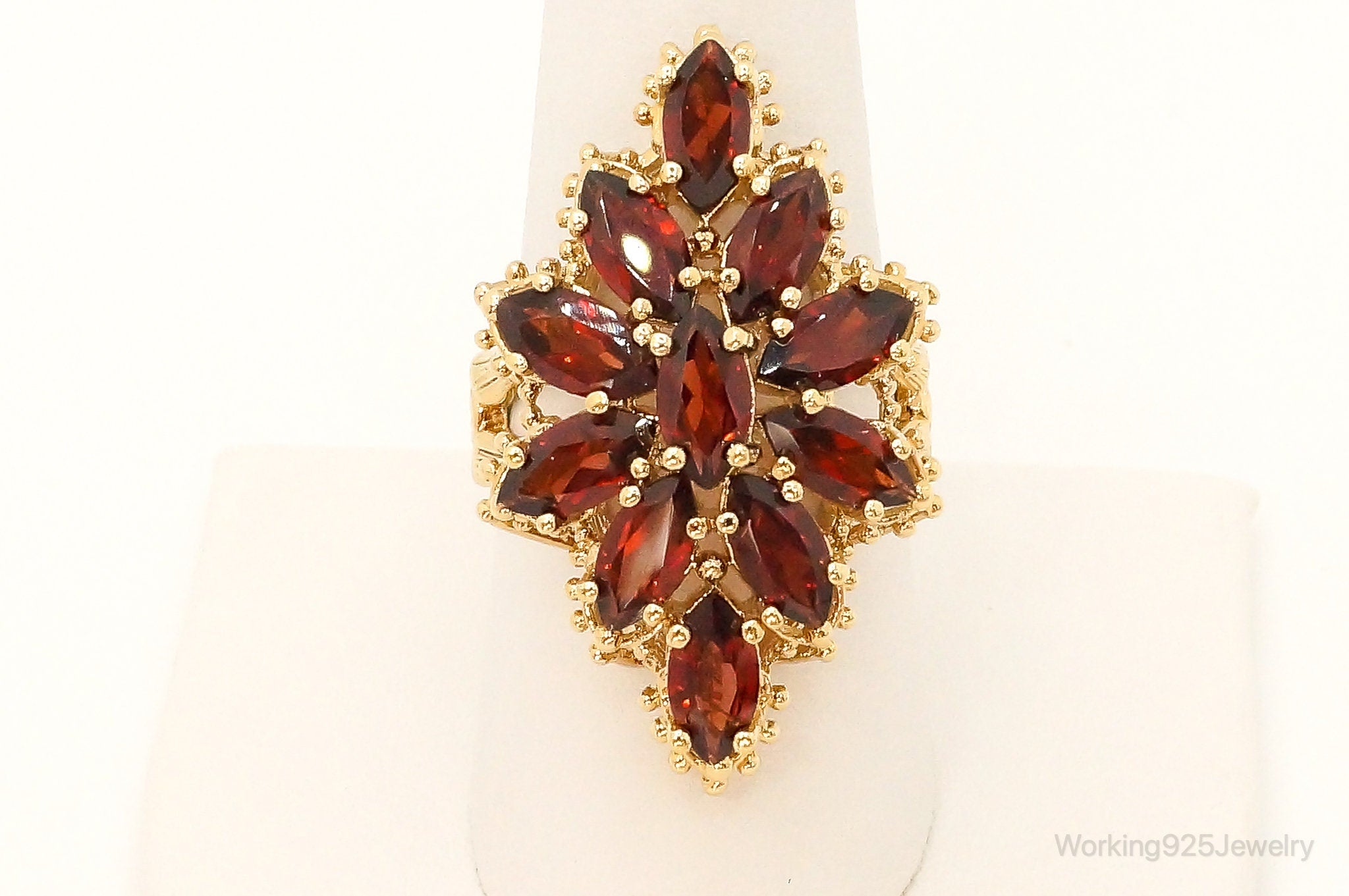 Vintage Garnet Cluster Gold Vermeil Sterling Silver Ring Size 8.75