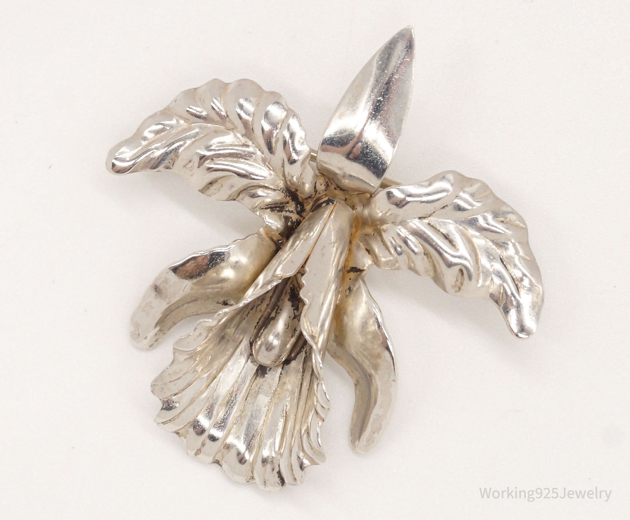 Vintage Designer Beau Orchid Flower Sterling Silver Brooch Pin