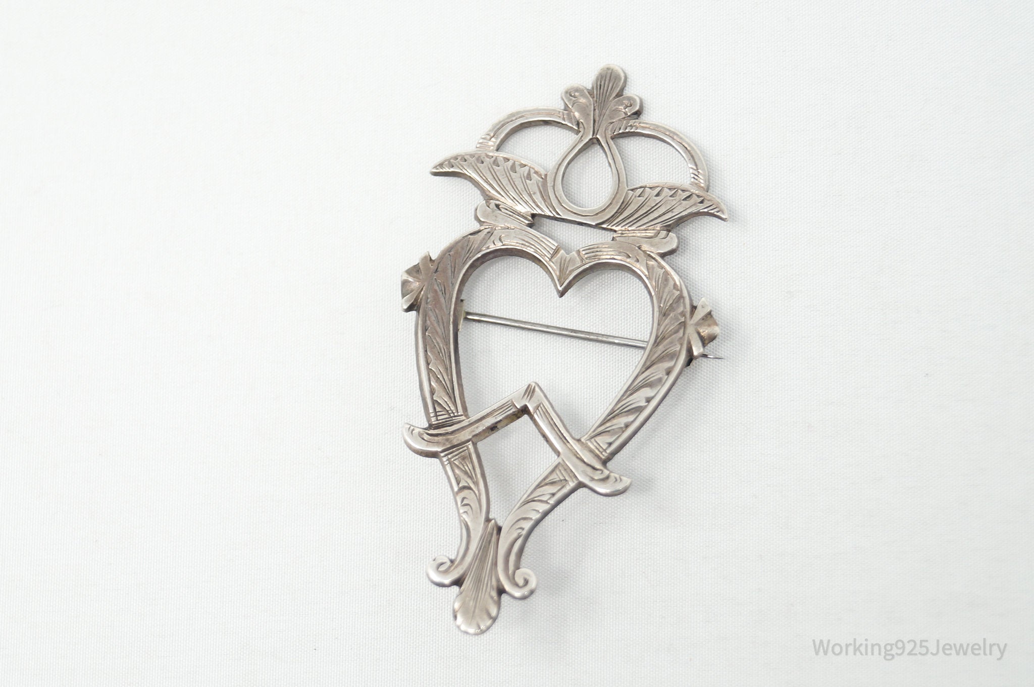 Antique Etched Floral Heart Silver Brooch Pin