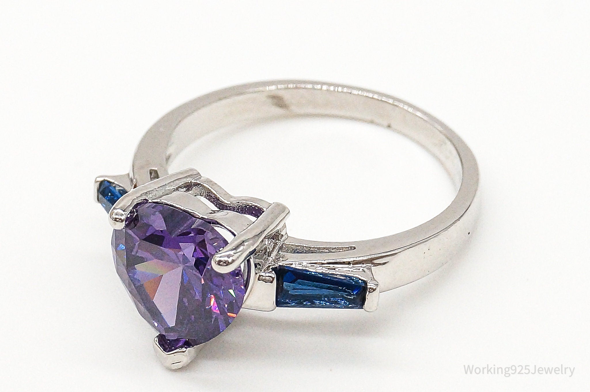 Amethyst Heart Lab Sapphire Sterling Silver Ring - Size 9.75