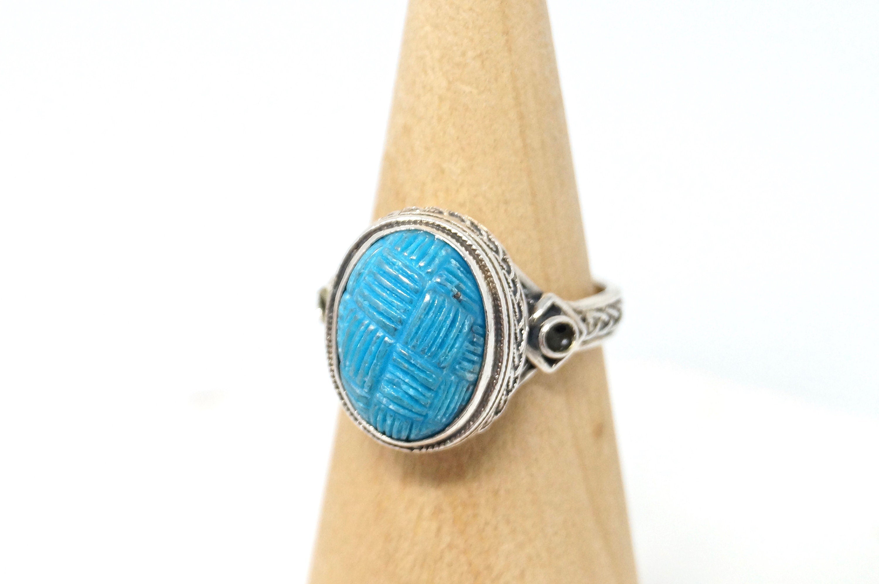 Vintage Designer Carved Turquoise Sterling Silver Ring - Size 10