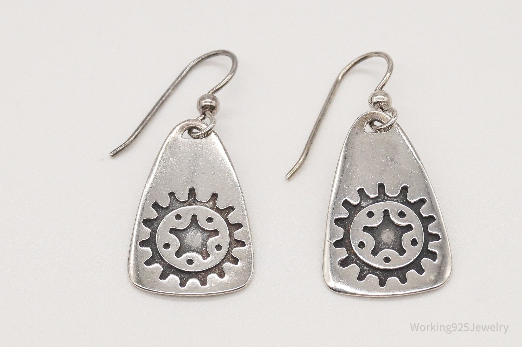 Vintage Designer Gear Tab Tag Sterling Silver Earrings