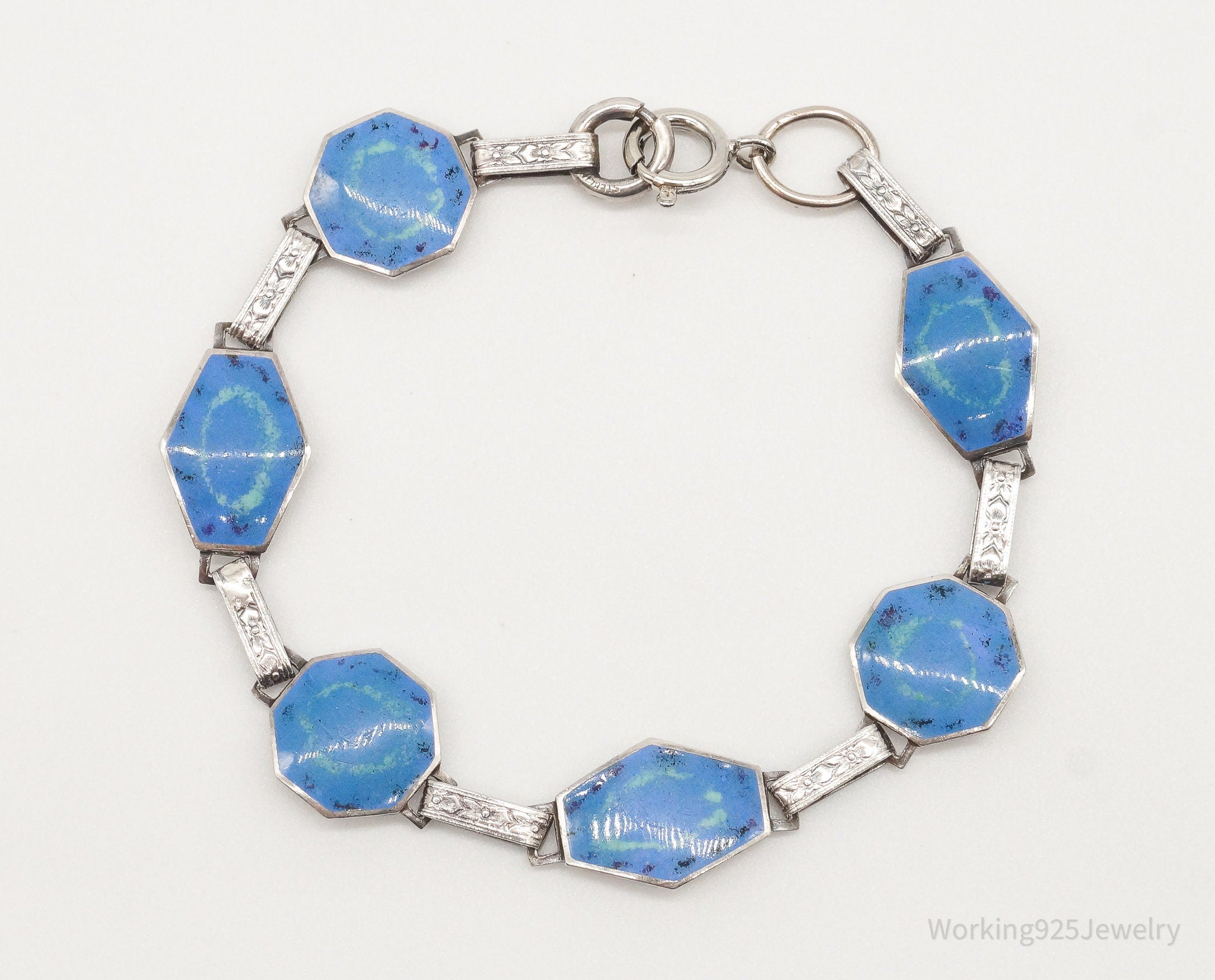 Antique Blue Enamel Flower Pattern Sterling Silver Bracelet