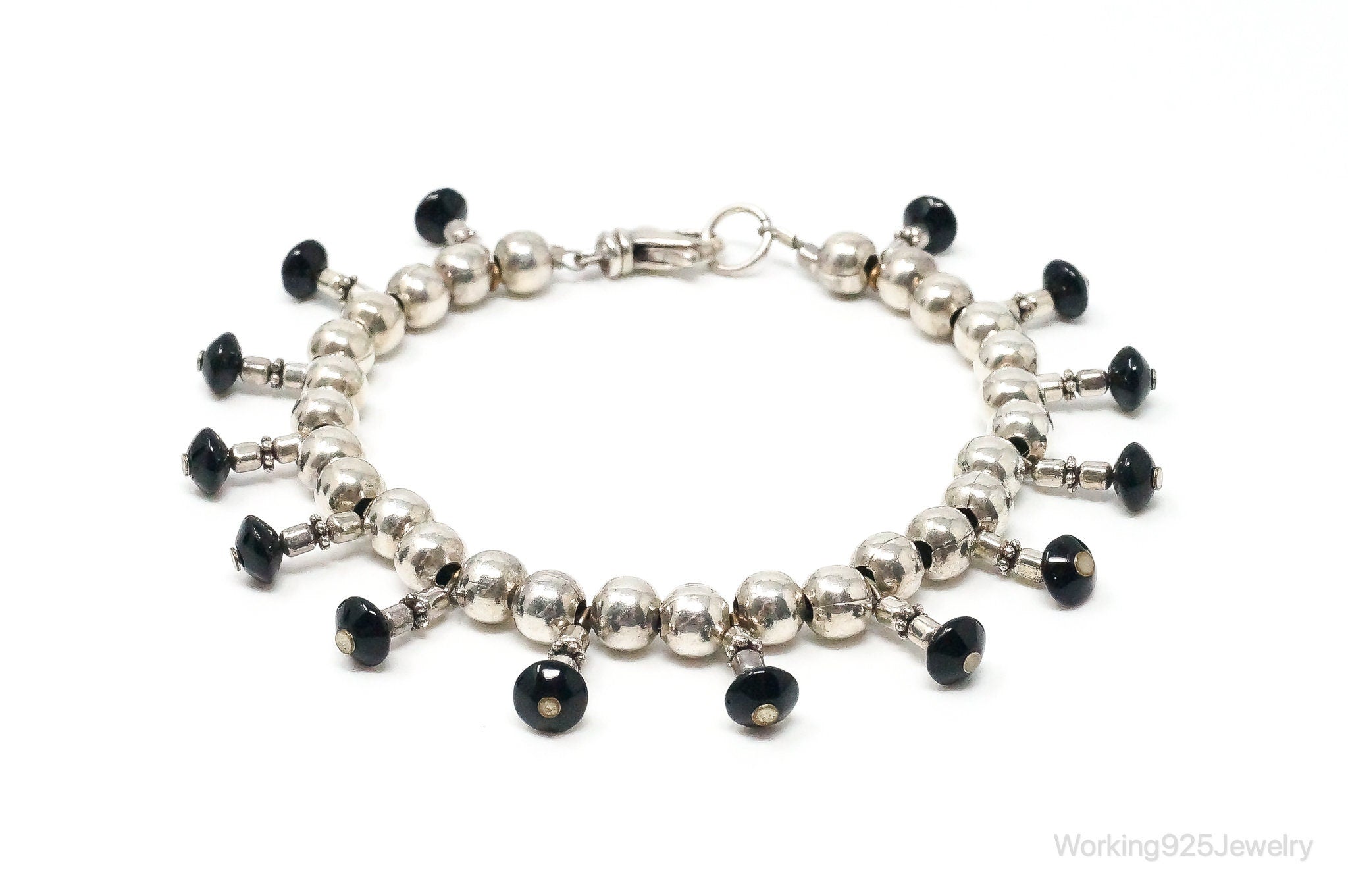 Vintage Black Onyx Ball Bead Sterling Silver Bracelet