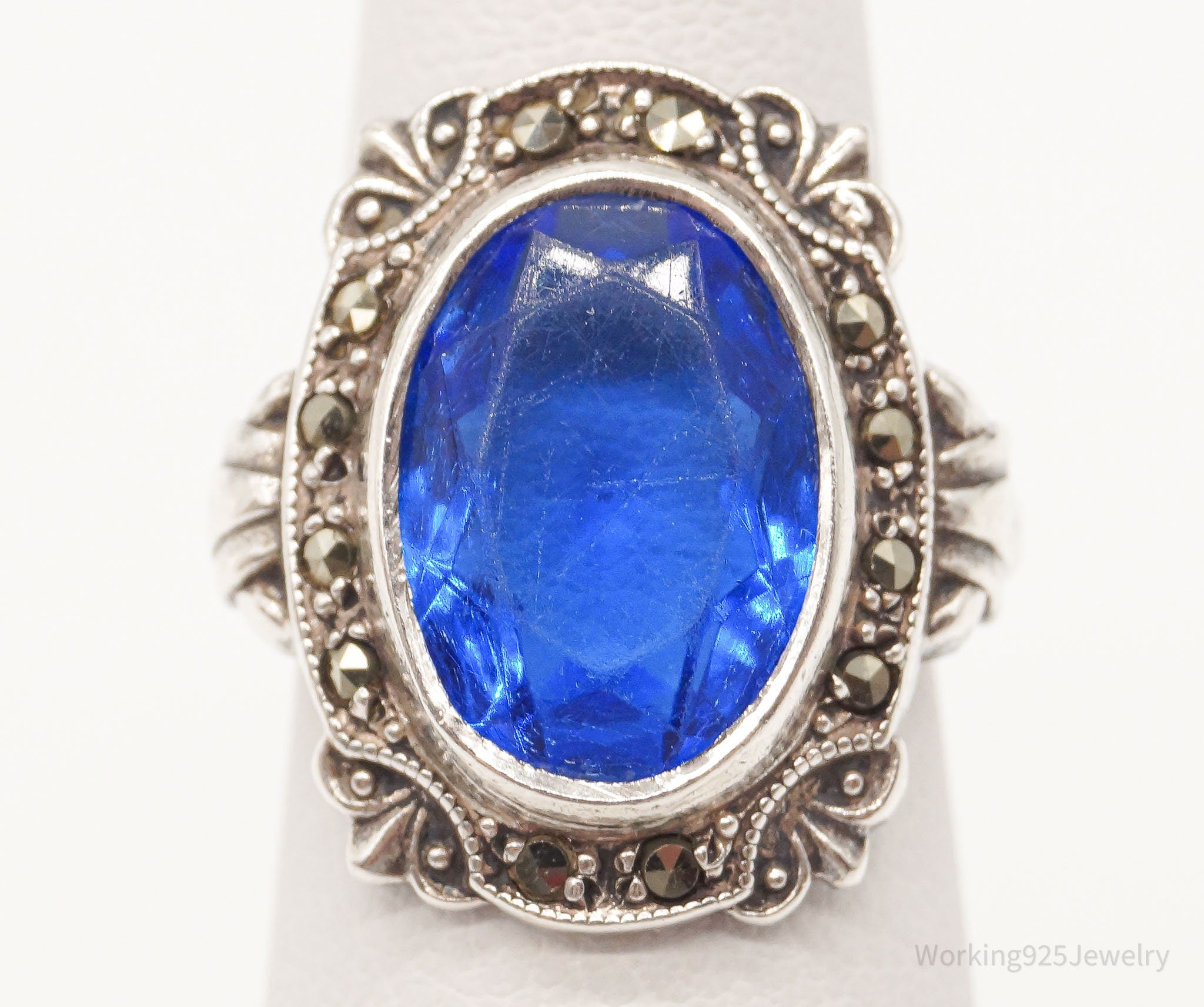 Antique Designer Uncas Blue Glass Marcasite Sterling Silver Ring - Size 5.25