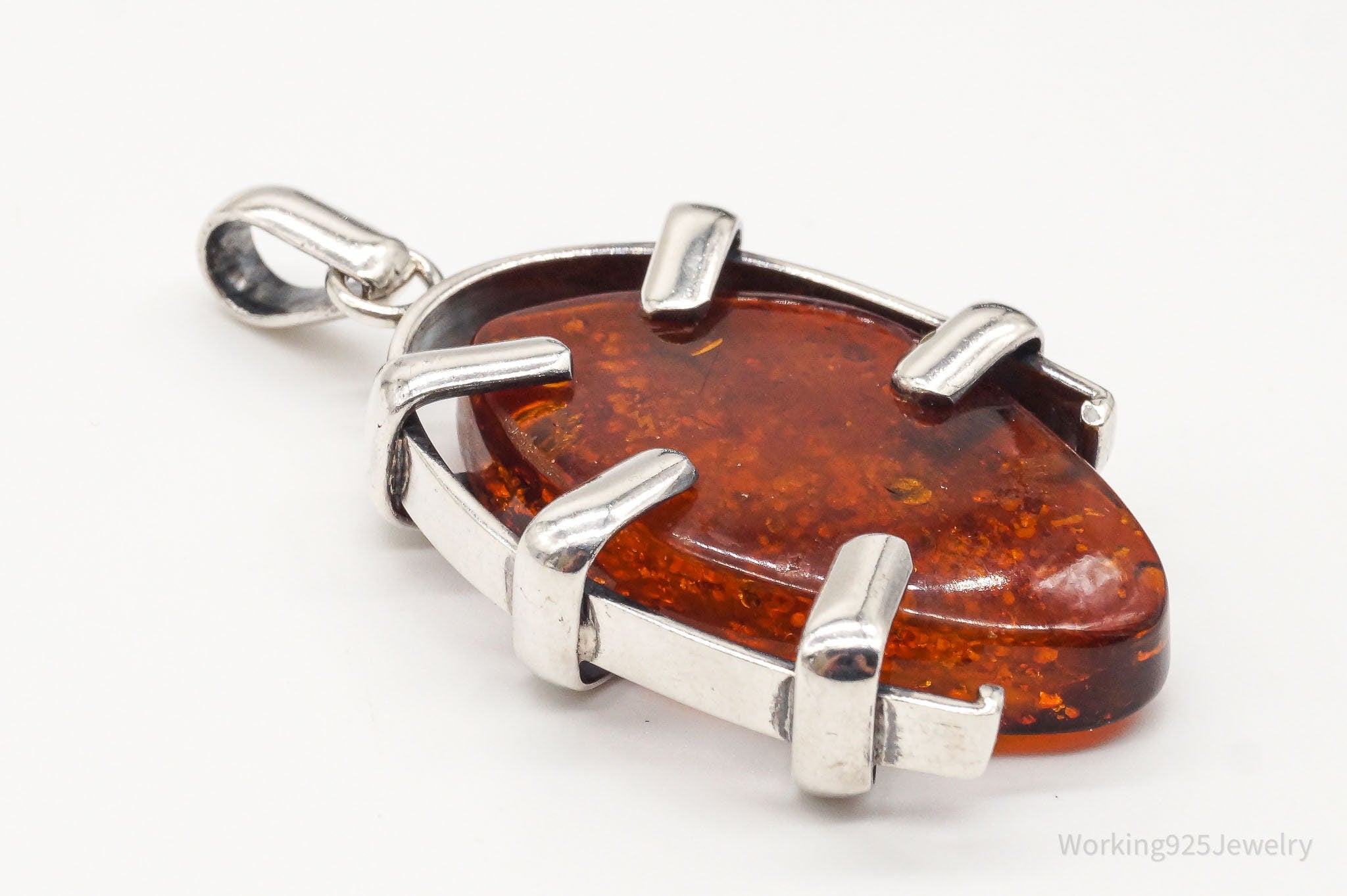 Large Vintage Amber Modernist Silver Necklace Pendant