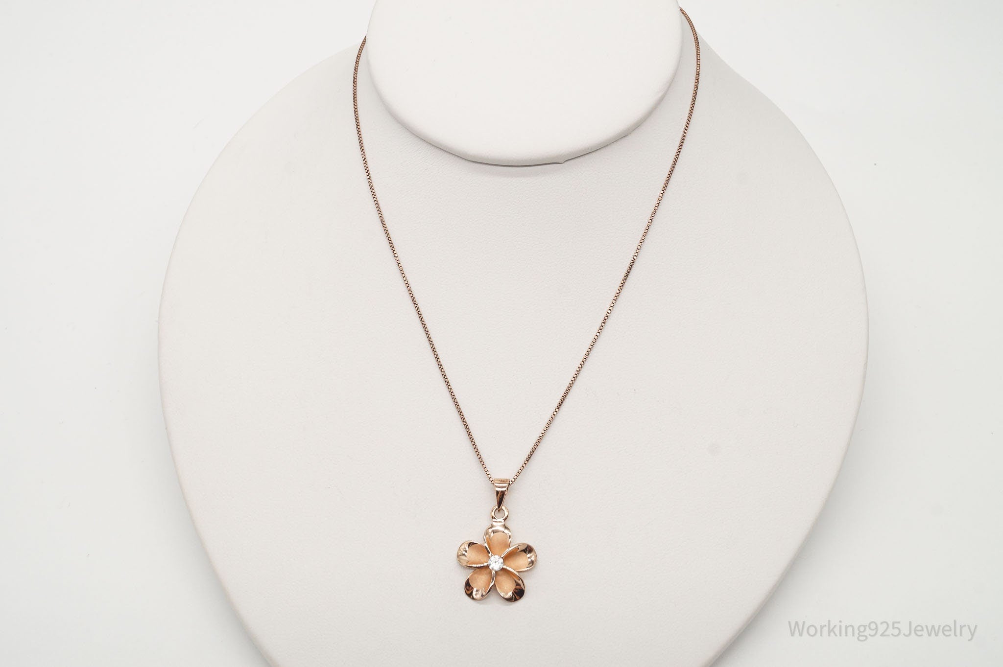 Vintage Cubic Zirconia Rose Gold Vermeil Sterling Silver Flower Necklace