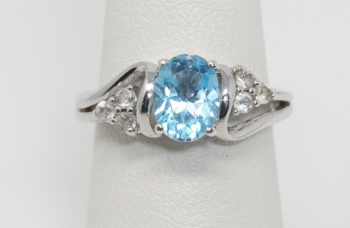 Vintage Designer Art Deco Blue Topaz Cz Sterling Silver Ring Sz 6.25