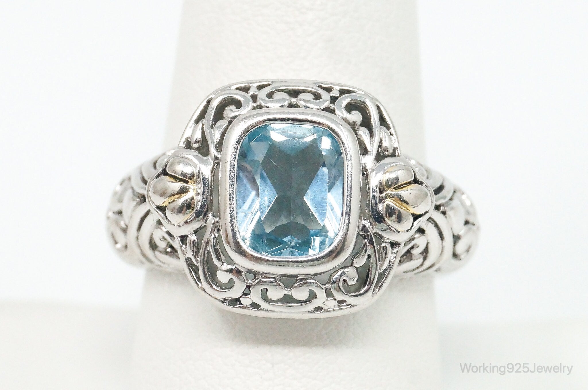 Vintage Designer FD Blue Topaz Gold Wash Sterling Silver Ring - Size 9