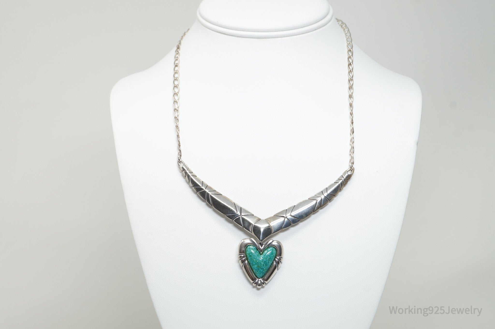 Vintage Designer Carolyn Pollack Turquoise Heart Sterling Silver Necklace