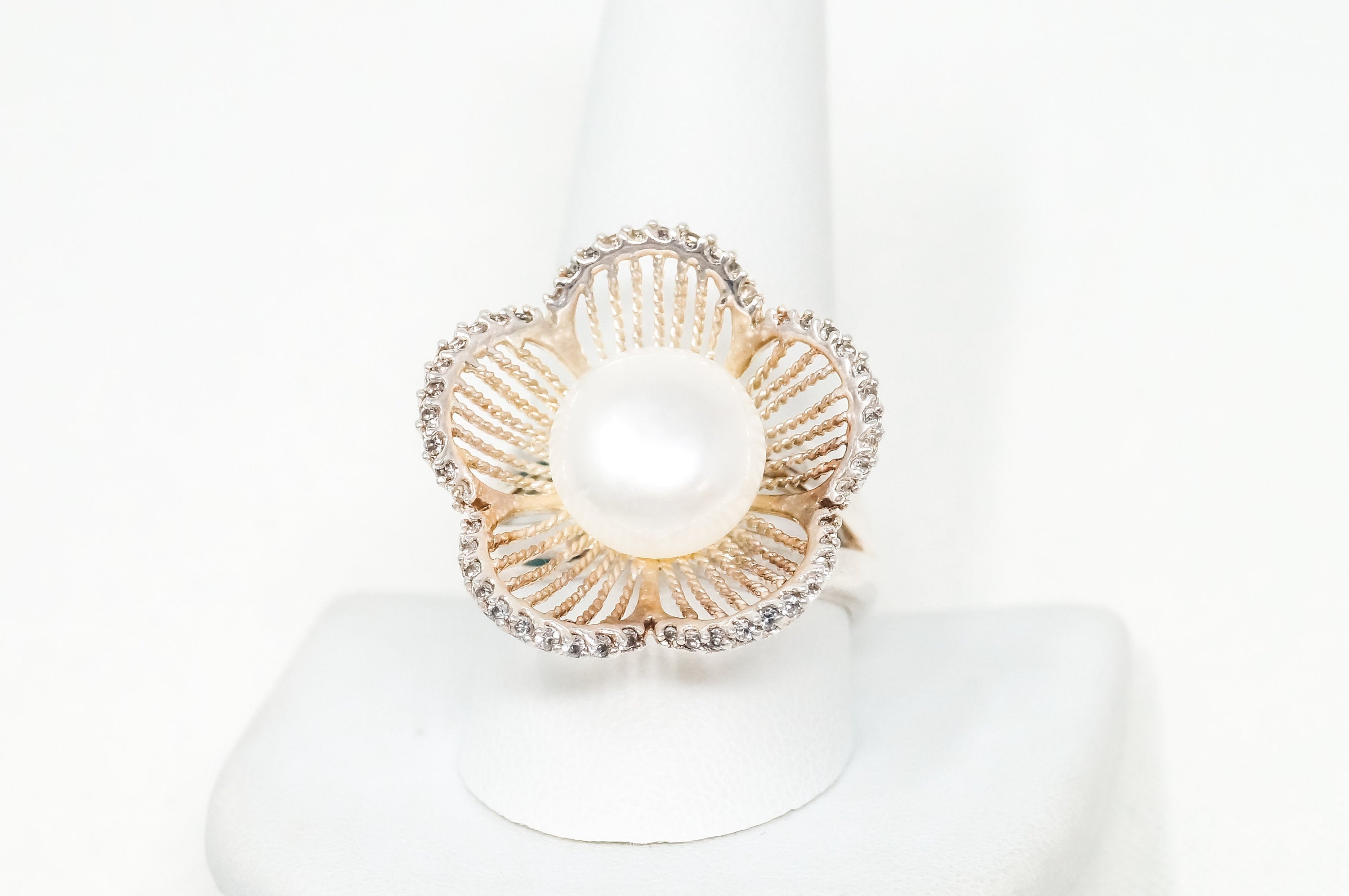 Vintage Designer GSJ Pearl Cubic Zirconia Flower Sterling Silver Ring - Sz 11