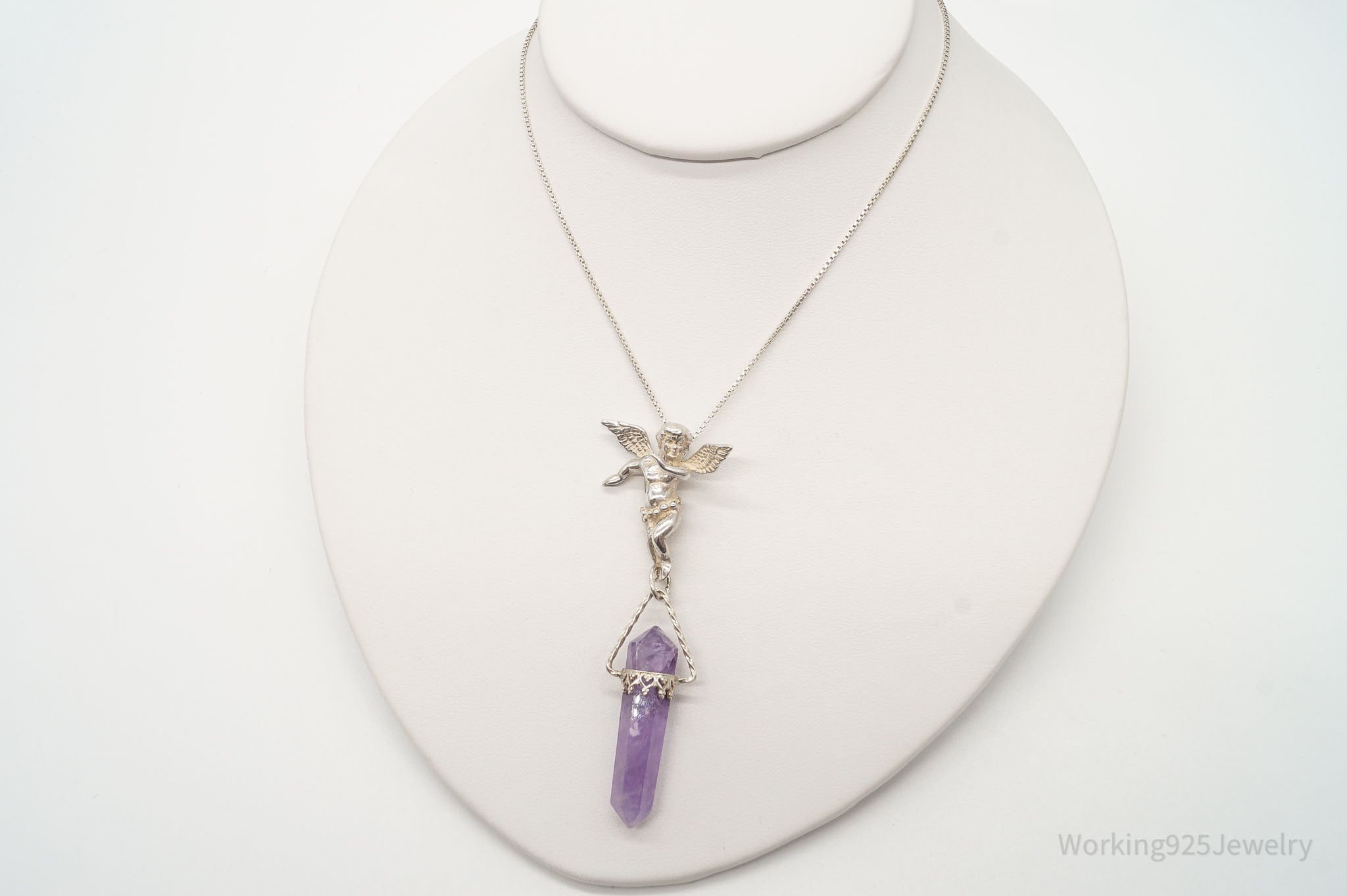 Vintage Amethyst Crystal Cherub Sterling Silver Necklace