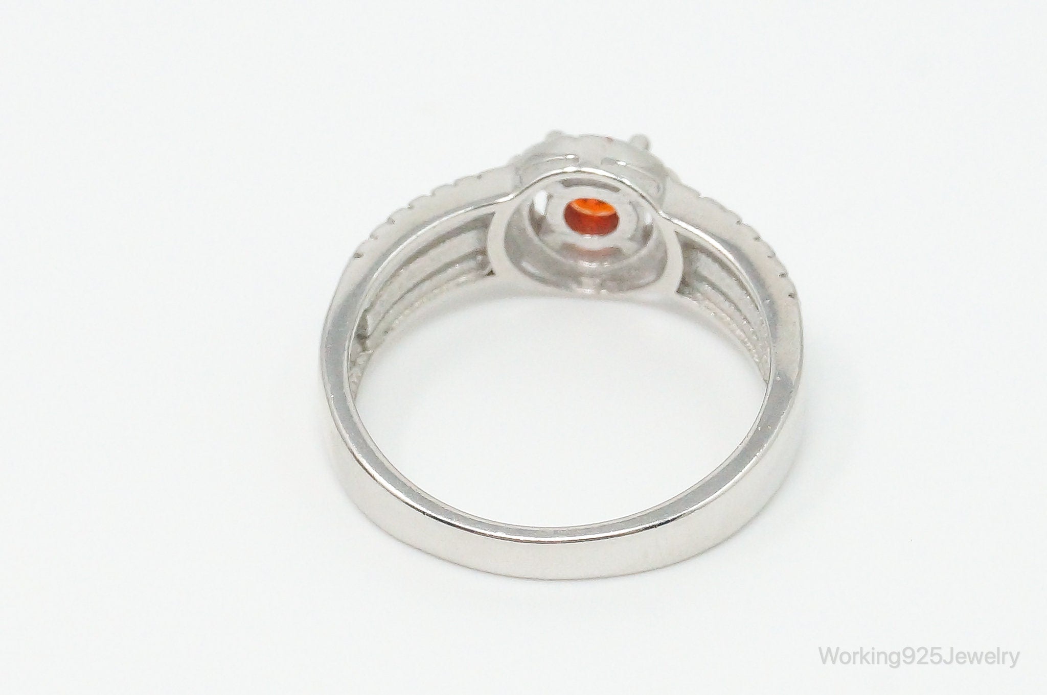 Orange & White Cubic Zirconia Sterling Silver Ring - Size 9