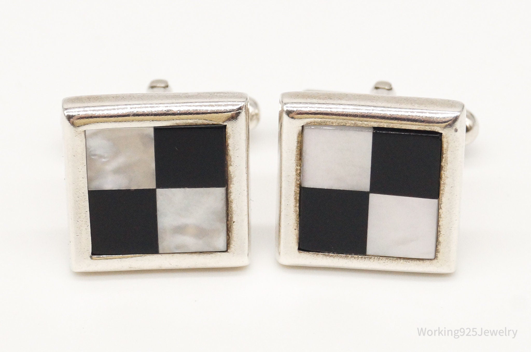 Vintage Birmingham Mother Of Pearl Black Onyx Sterling Silver Cufflinks