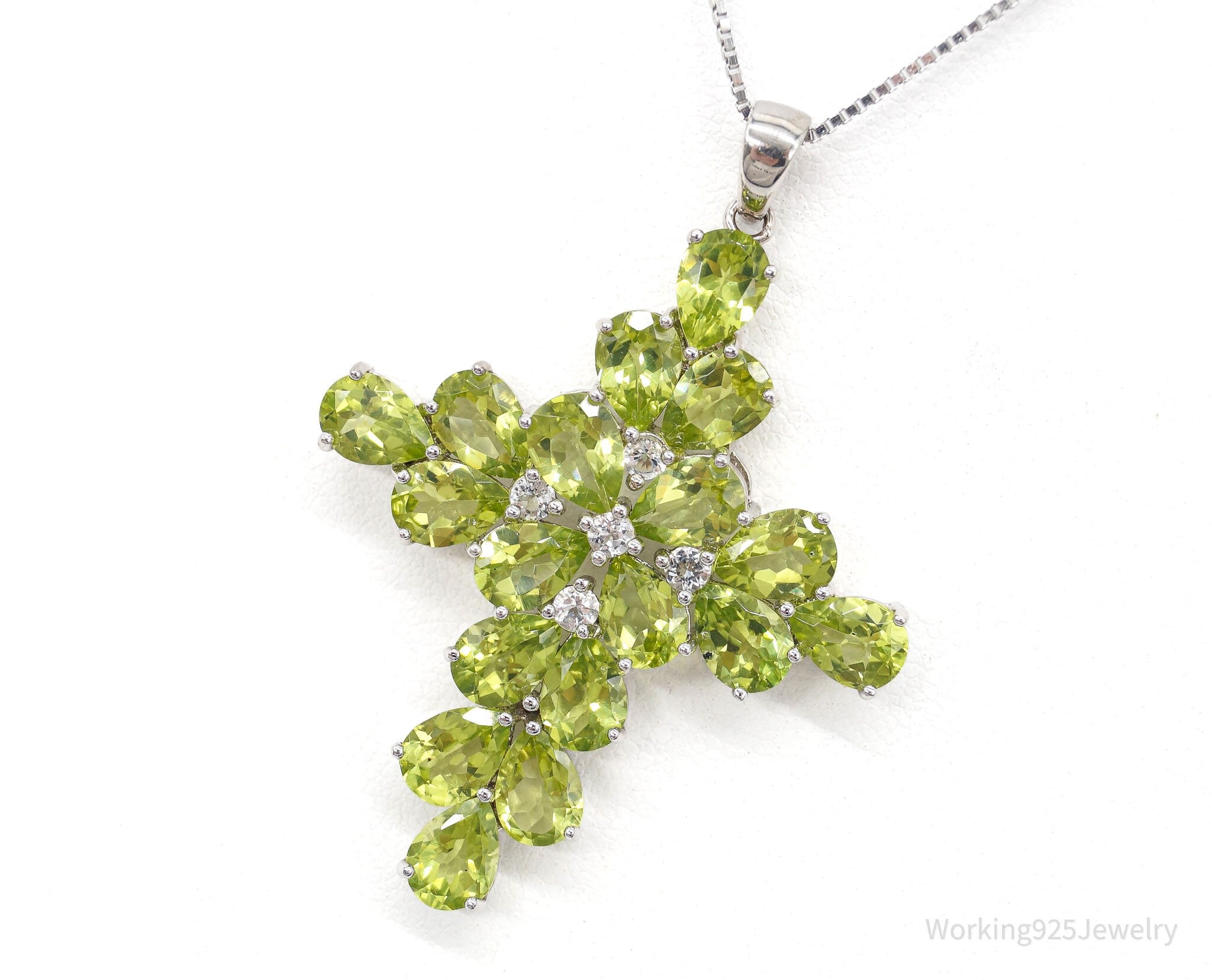 Designer Peridot White Topaz Rhodium Sterling Silver Cross Necklace