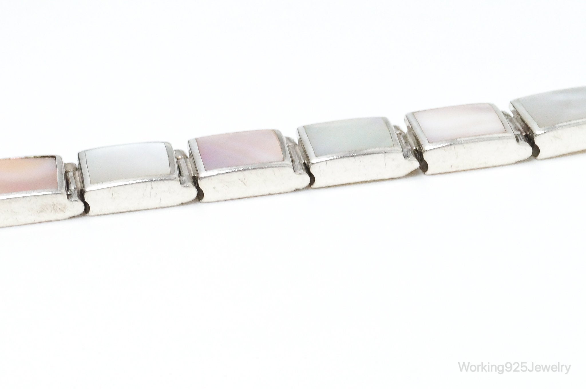 Vintage Designer FAS Mother Of Pearl Sterling Silver Panel Bracelet