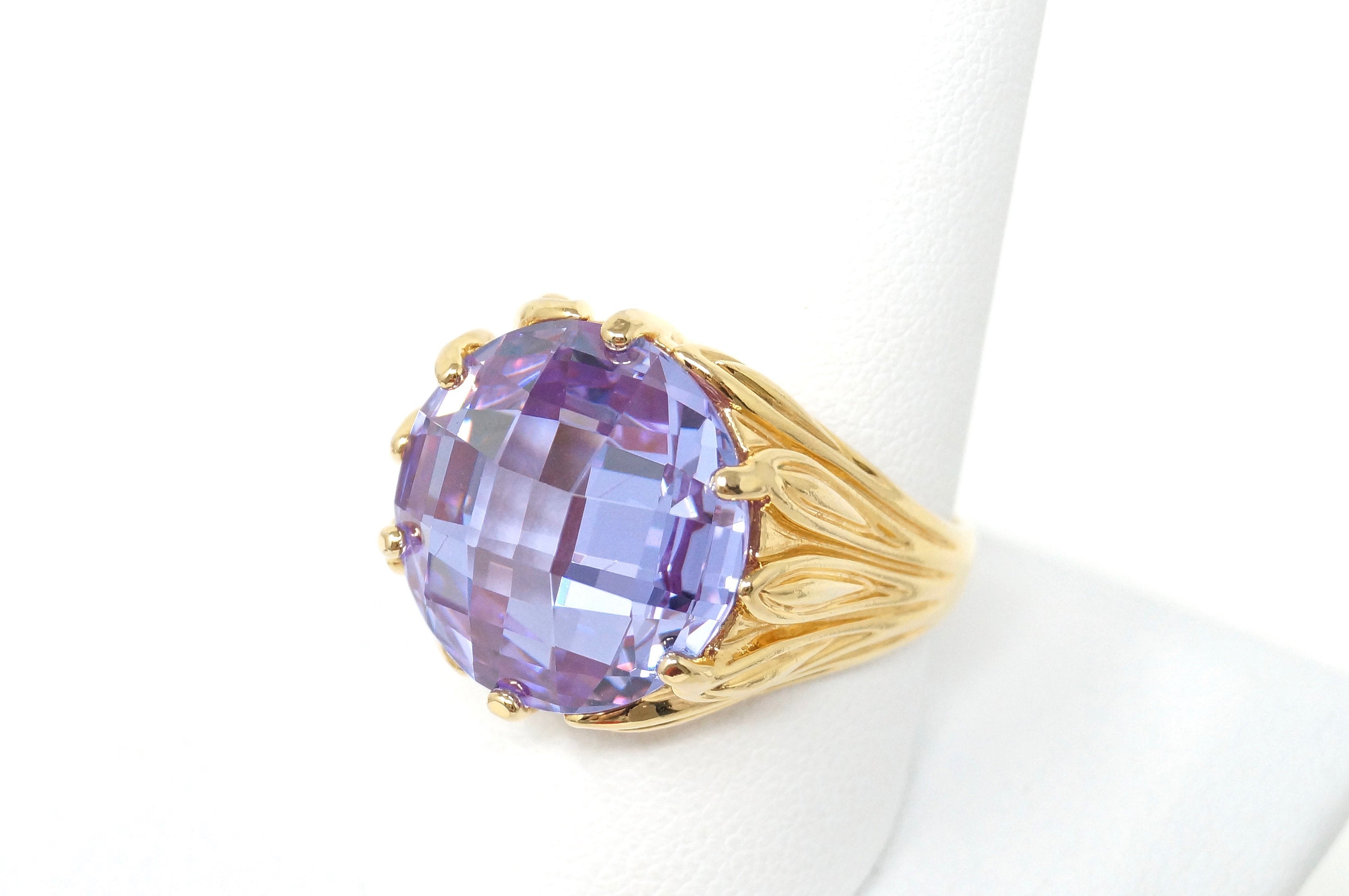 Vintage Art Deco Amethyst Purple CZ Gold Sterling Silver Statement Ring Size 10