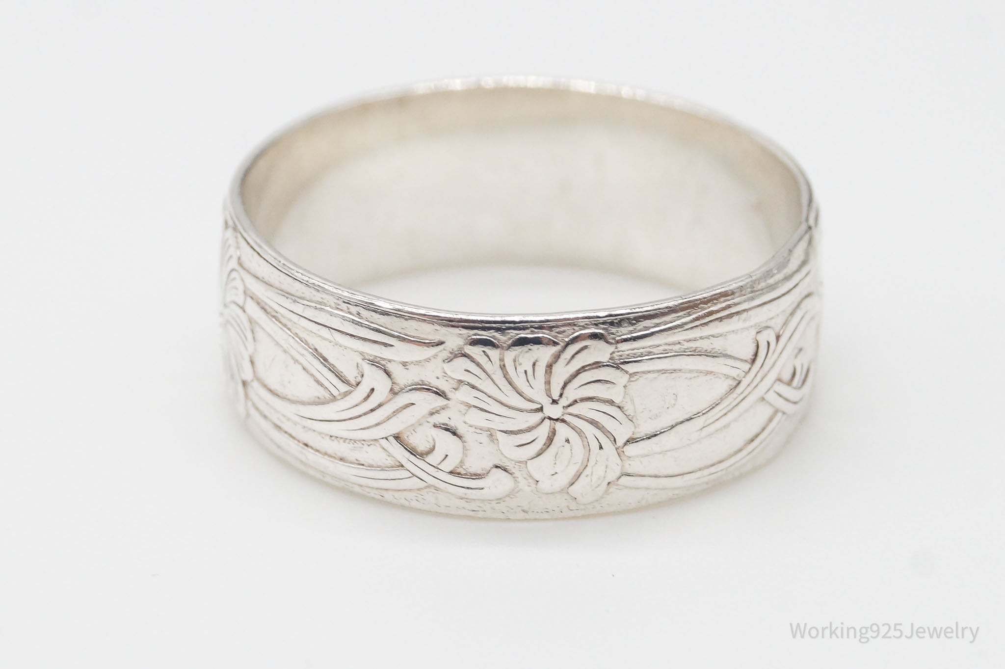 Antique Floral Art Nouveau Silver Band Ring - Size 9.75