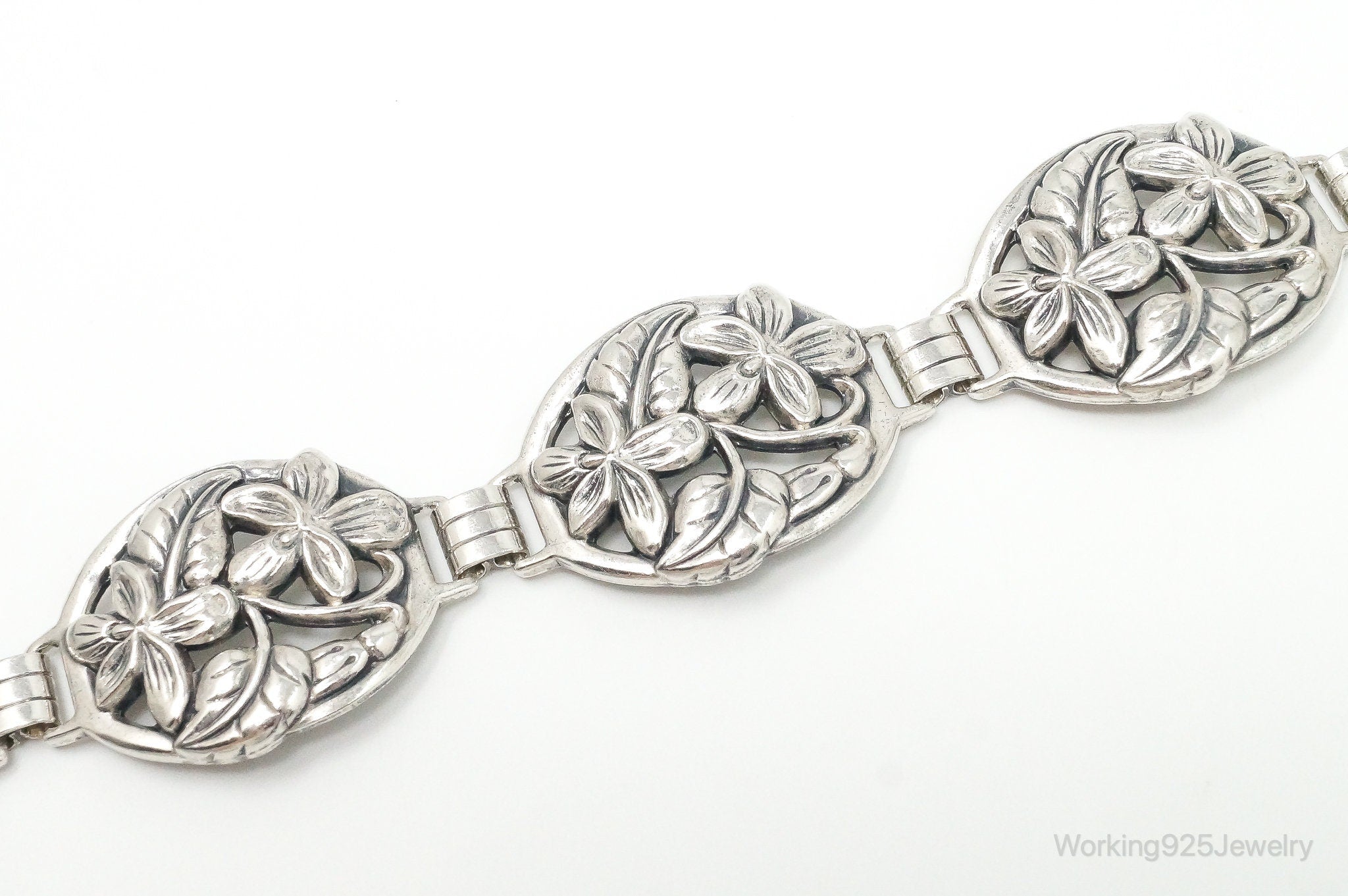 Vintage Designer Danecraft Floral Panels Sterling Silver Bracelet