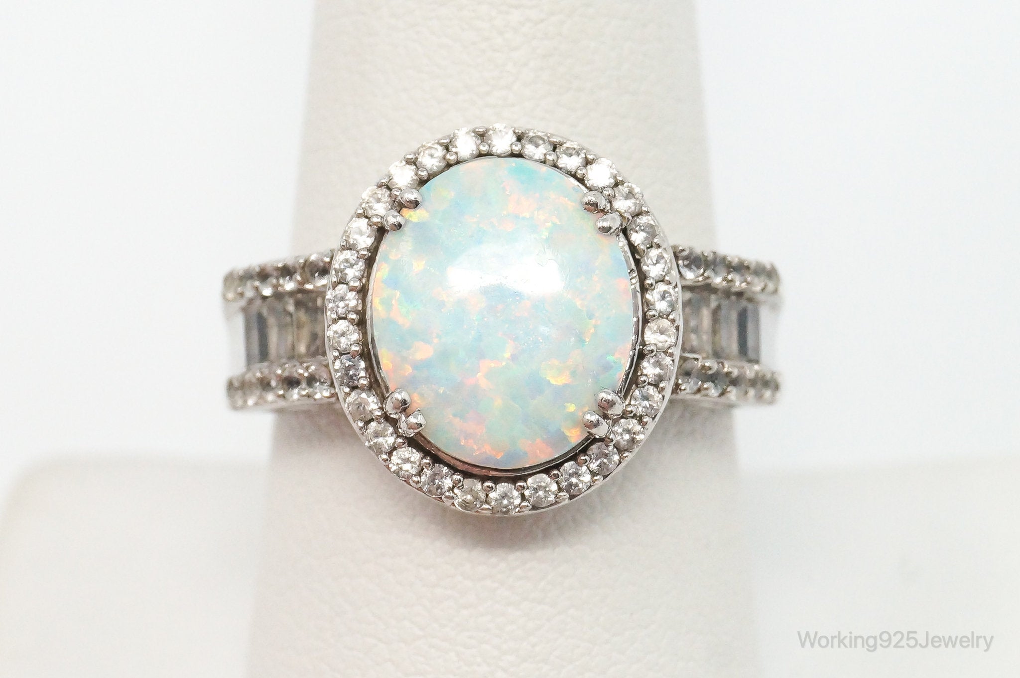 Vintage Art Deco Large Opal Cubic Zirconia Sterling Silver Ring SZ 8.75