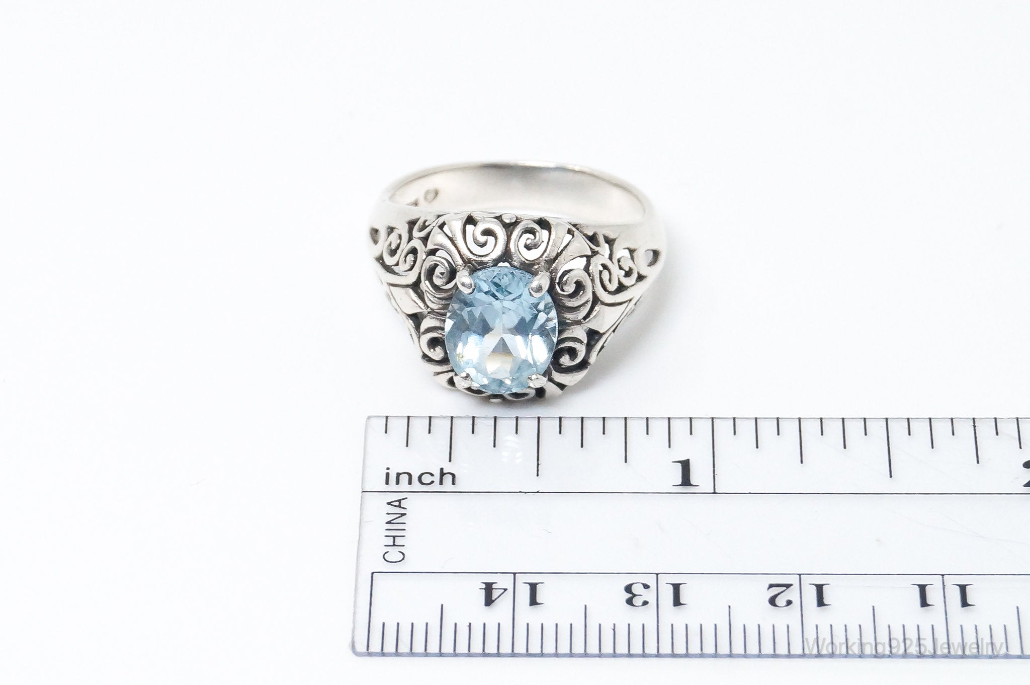 Vintage Designer PD Blue Topaz Art Deco Sterling Silver Ring - Size 8.75