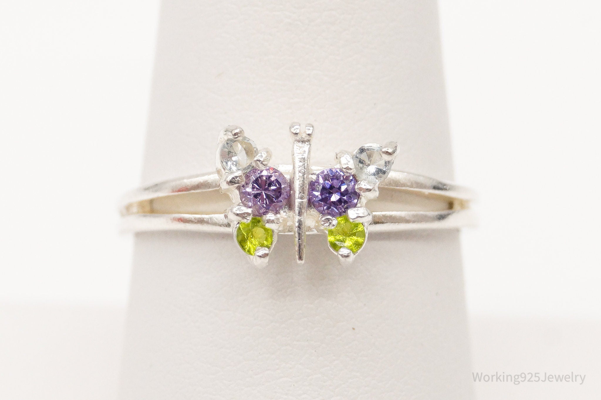 Multi Gemstone Sterling Silver Butterfly Ring - Size 8