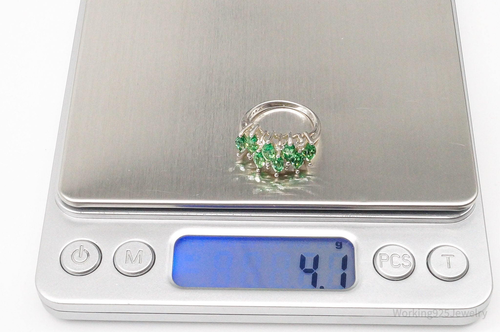 Vintage Green & White Cubic Zirconia Sterling Silver Ring - Size 5