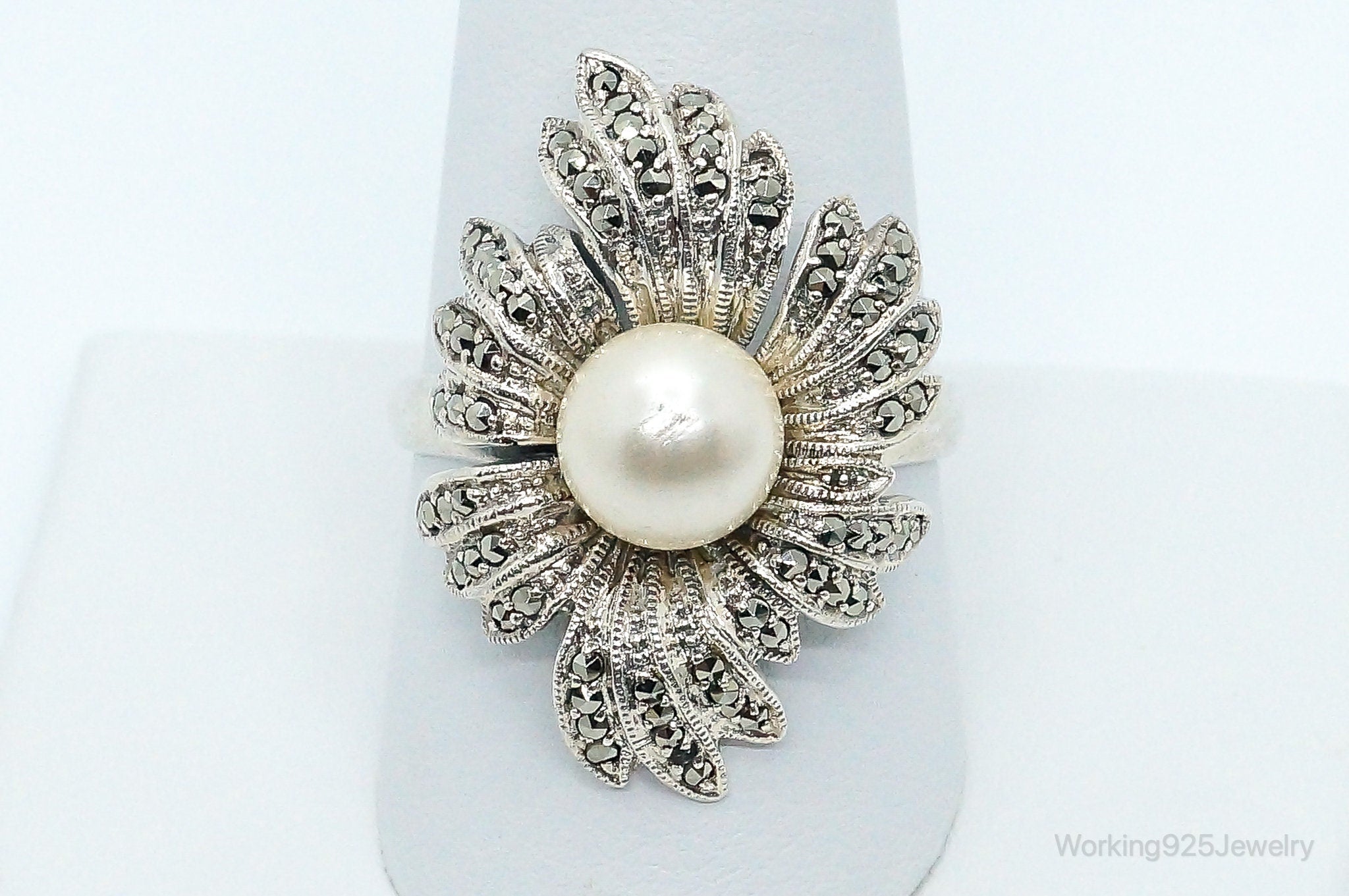 Vintage Faux Pearl Marcasite Sterling Silver Ring - Size 10