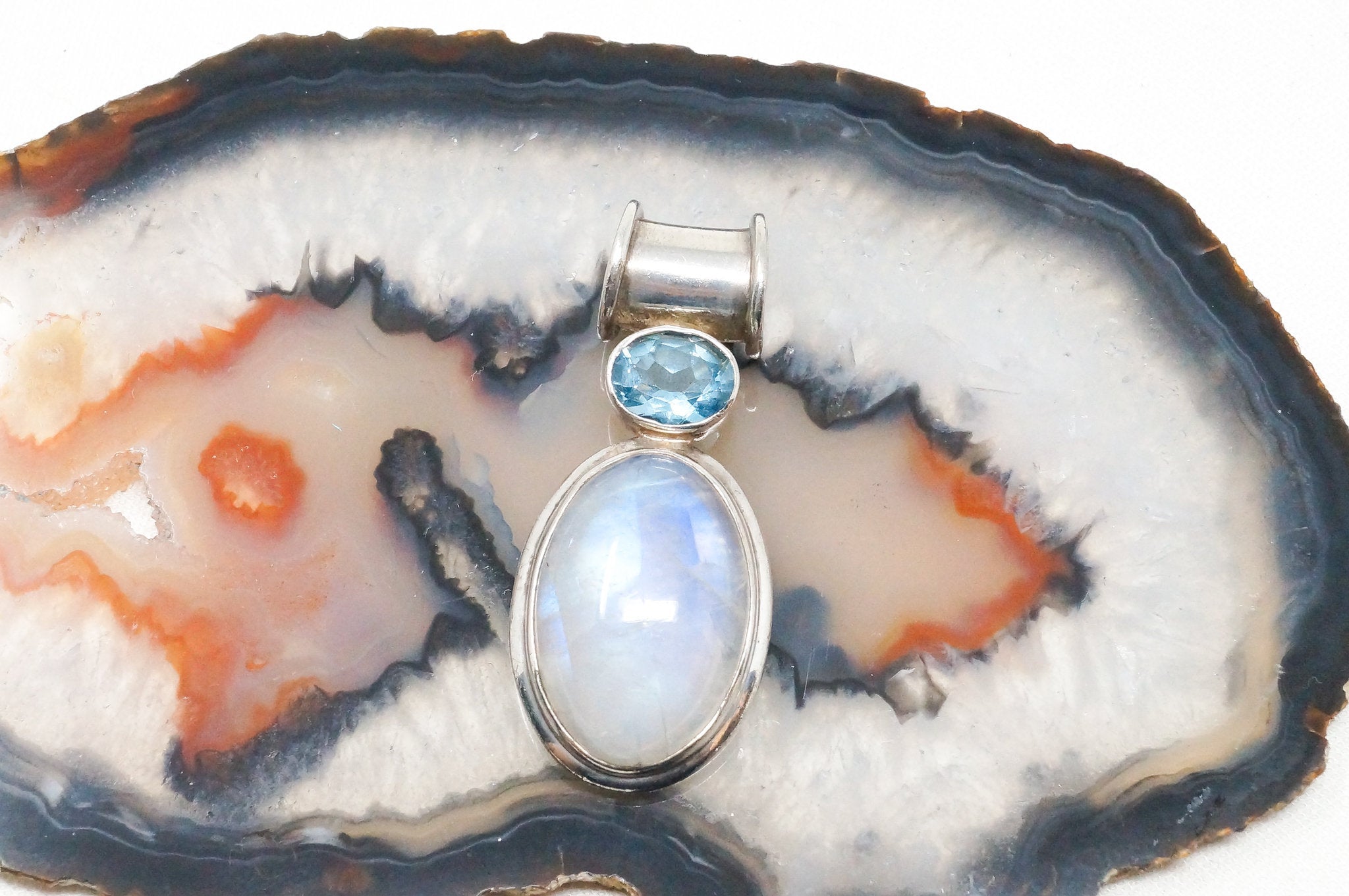 Vintage Designer SAJEN Blue Topaz Moonstone Sterling Necklace Pendant