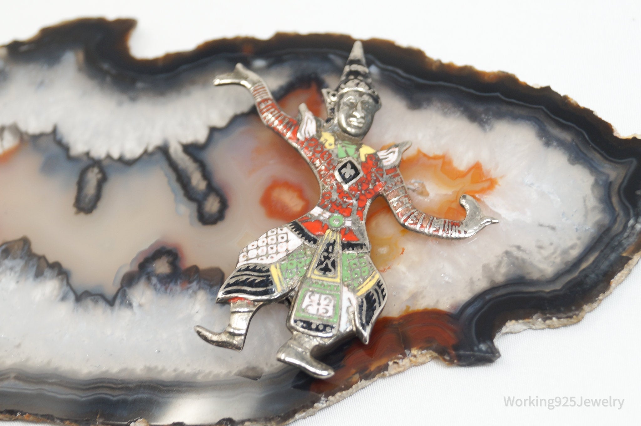 Large Vintage Thai Dancer Goddess Enamel Sterling Silver Brooch Pin