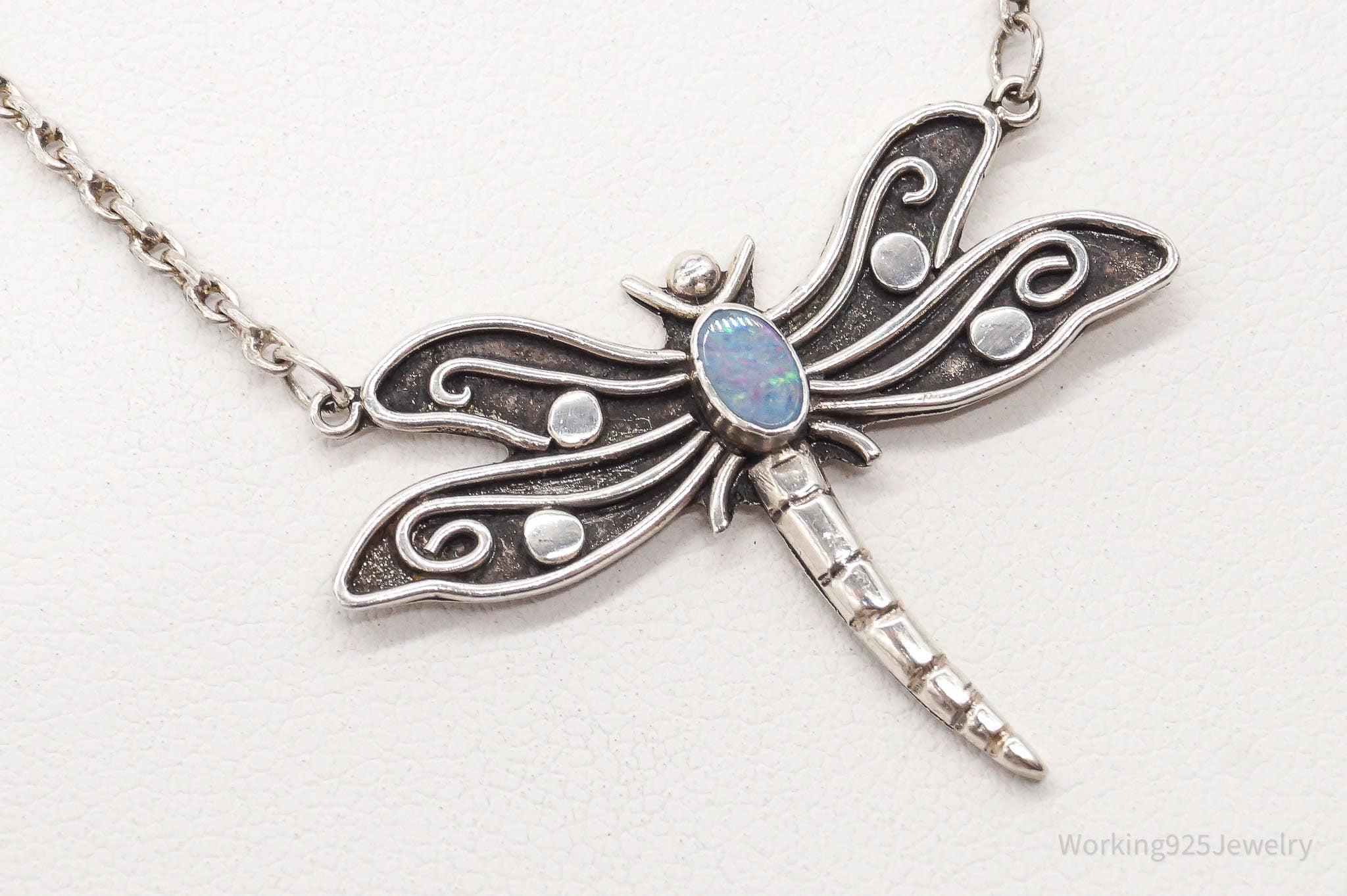 Vintage Designer Sue B Opal Dragonfly Sterling Silver Necklace