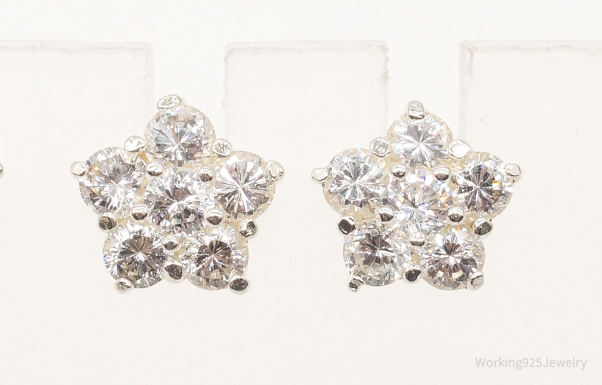 Vintage Cubic Zirconia Flowers Sterling Silver Stud Post Earrings