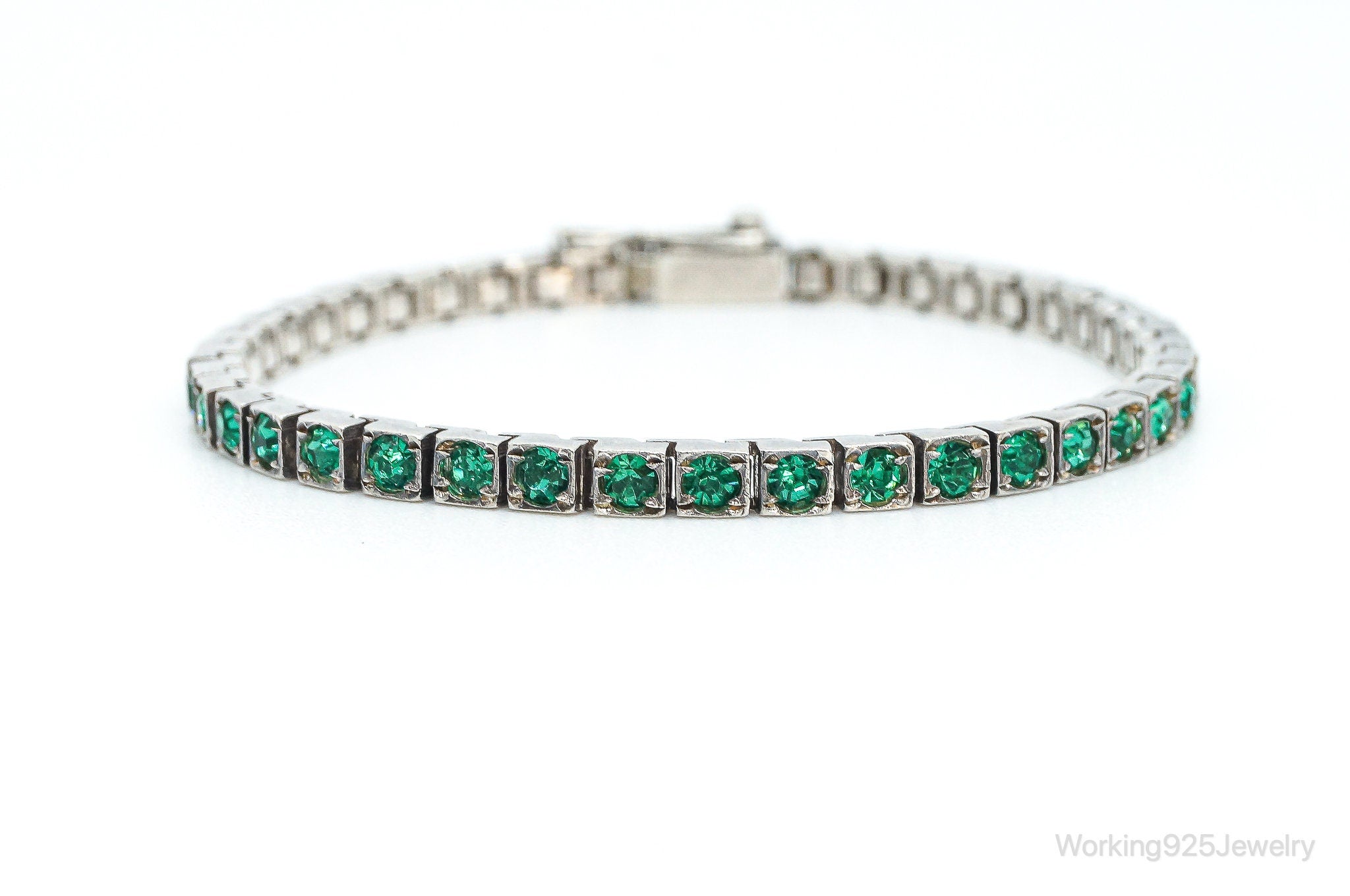 Antique Art Deco Green Rhinestone Sterling Silver Bracelet