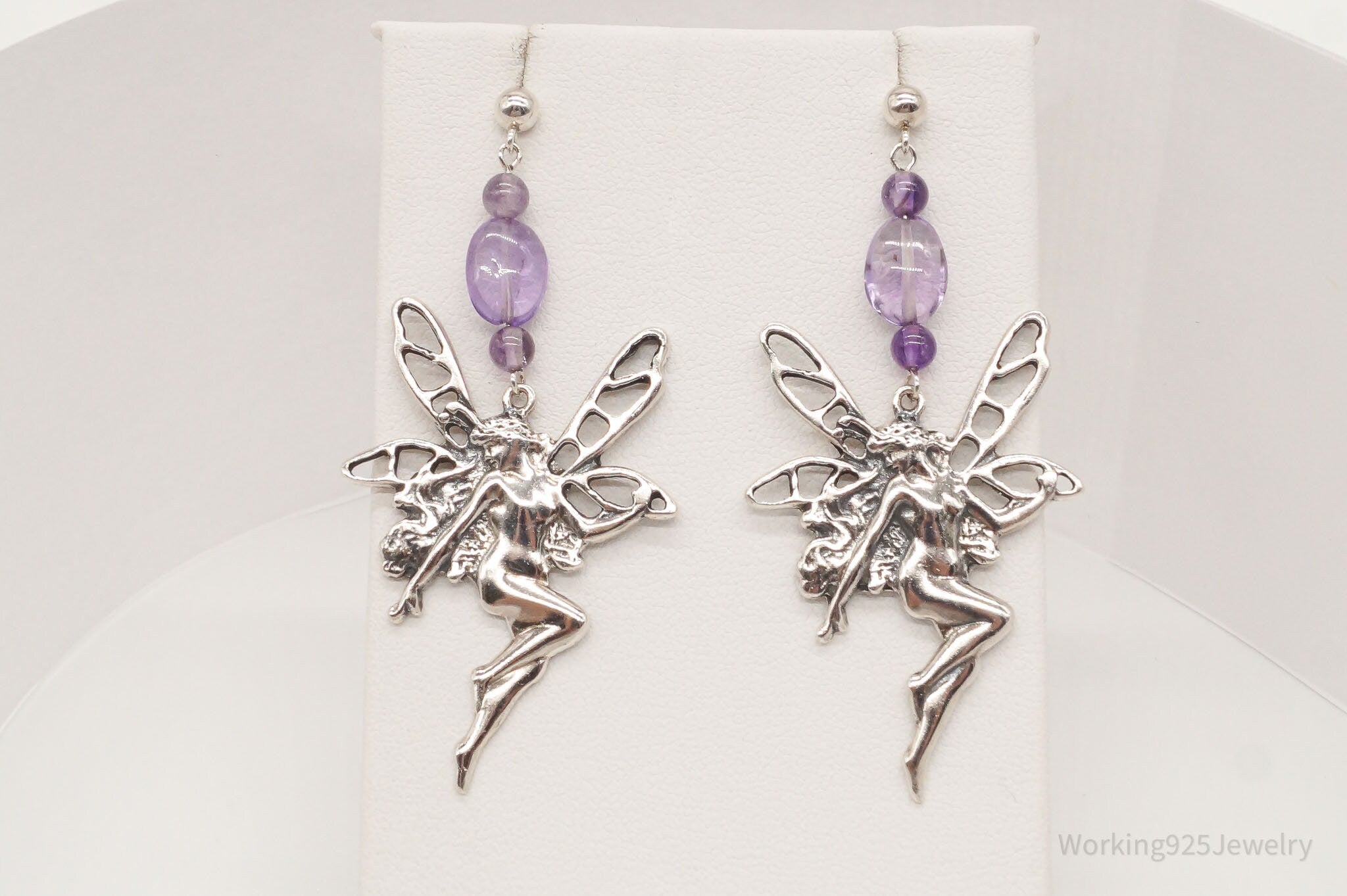 Vintage Designer Boma Amethyst Beads Sterling Silver Fairies Earrings