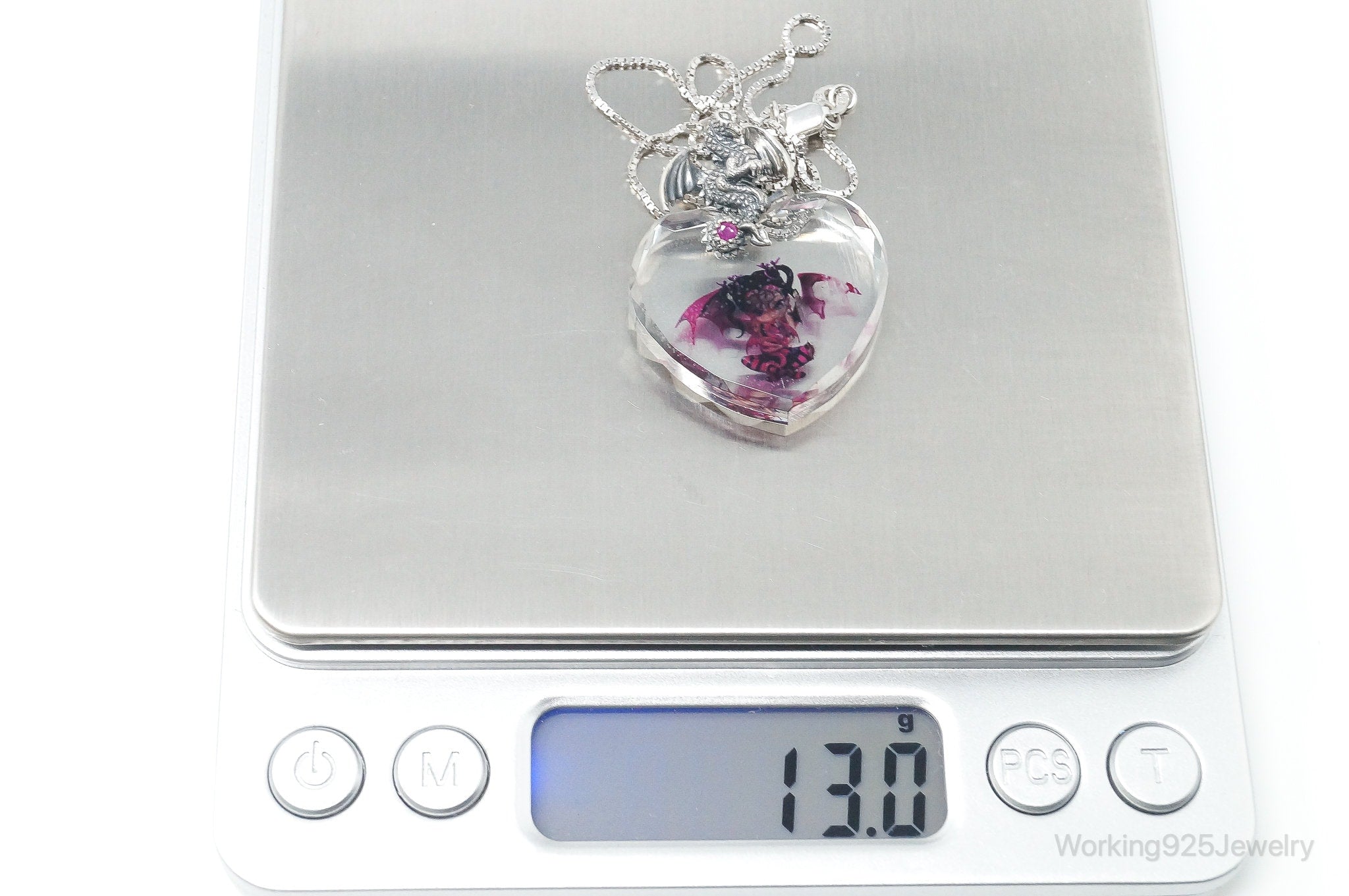 Designer Bradford Exchange Ruby Dragon Large Heart Crystal S.Silver Necklace