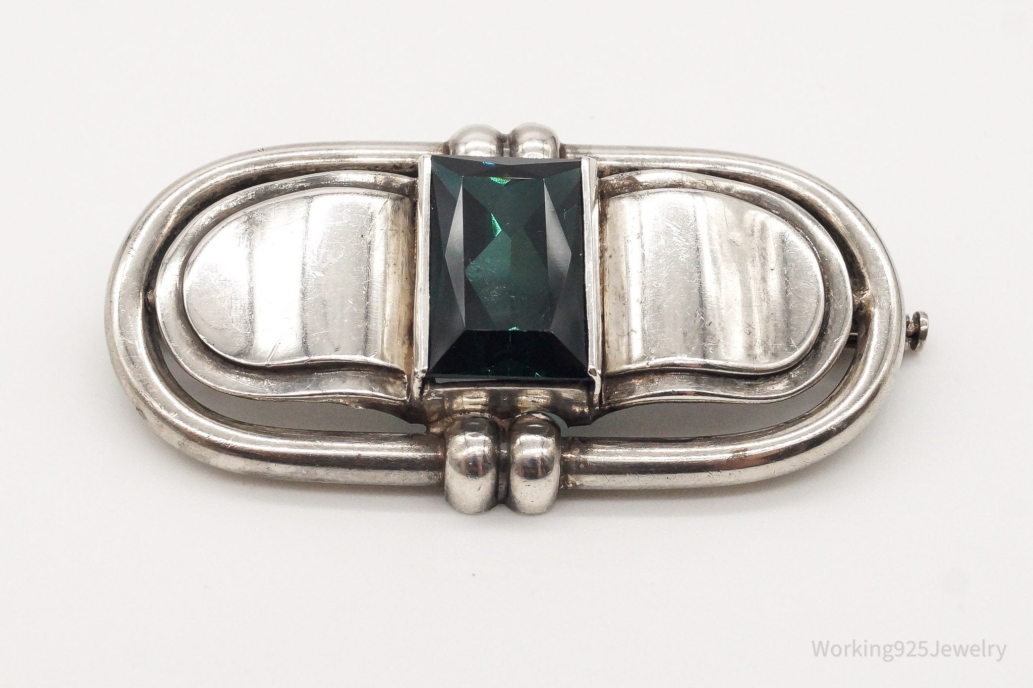 Vintage Green Stone Modernist Sterling Silver Brooch Pin