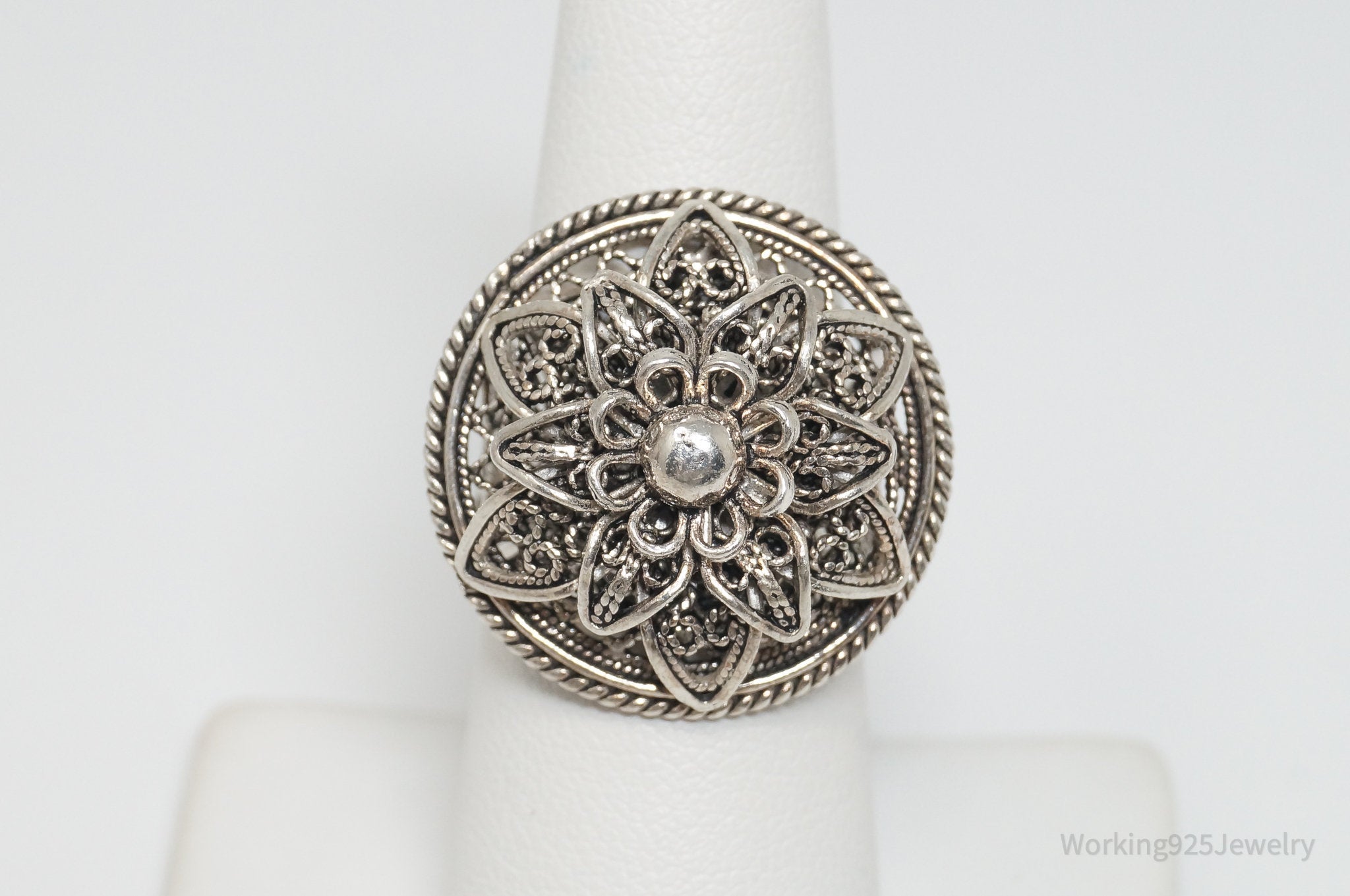 Vintage Designer DGS Flower Filigree Sterling Silver Ring - Size 7