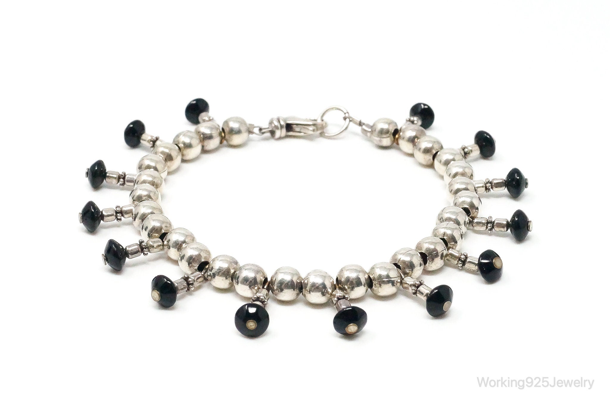 Vintage Black Onyx Ball Bead Sterling Silver Bracelet