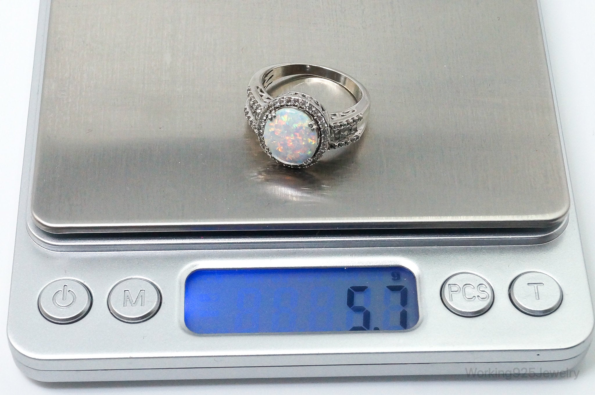 Vintage Art Deco Large Opal Cubic Zirconia Sterling Silver Ring SZ 8.75