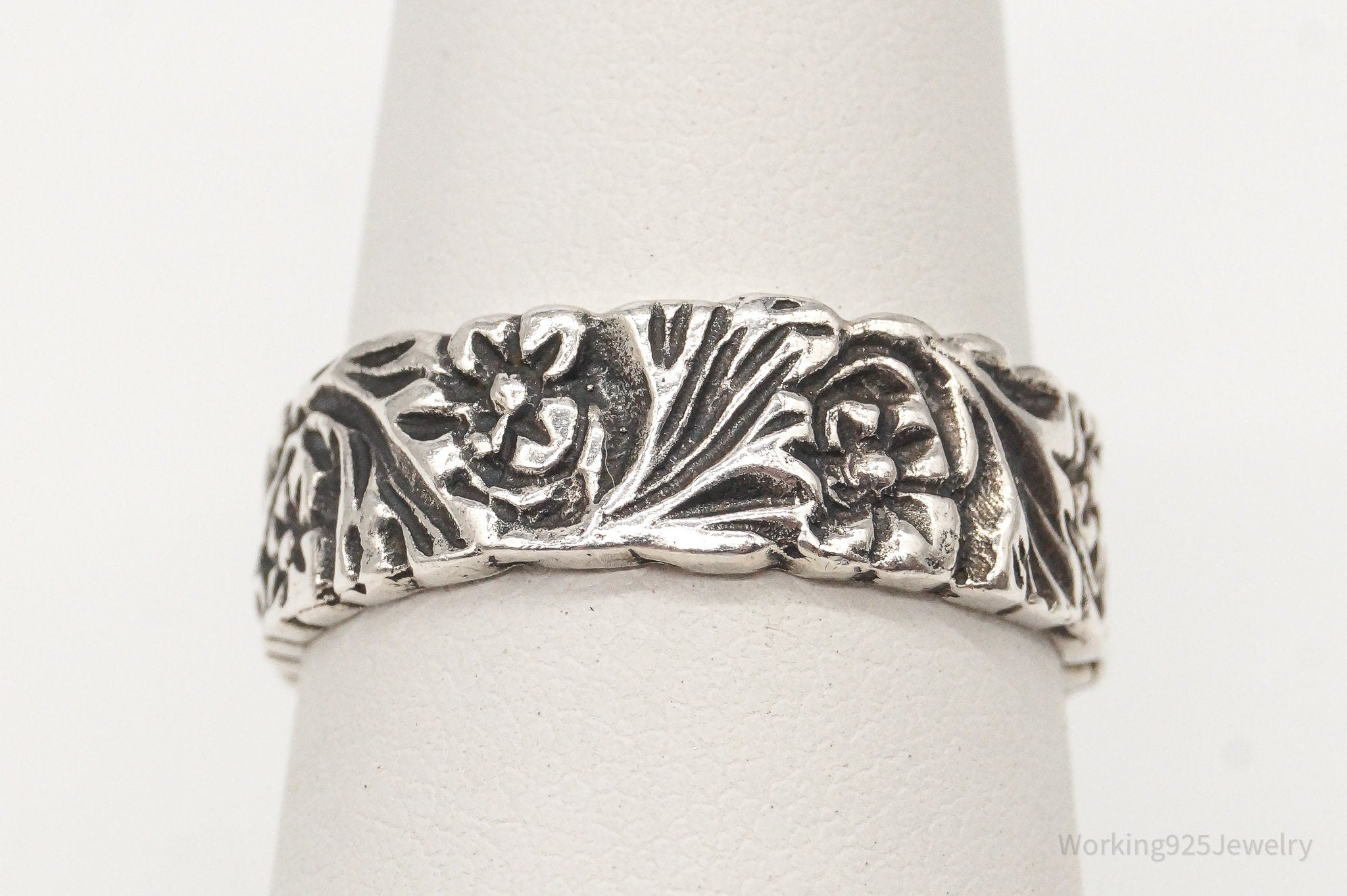 Vintage Flowers Sterling Silver Band Ring - Size 7.5