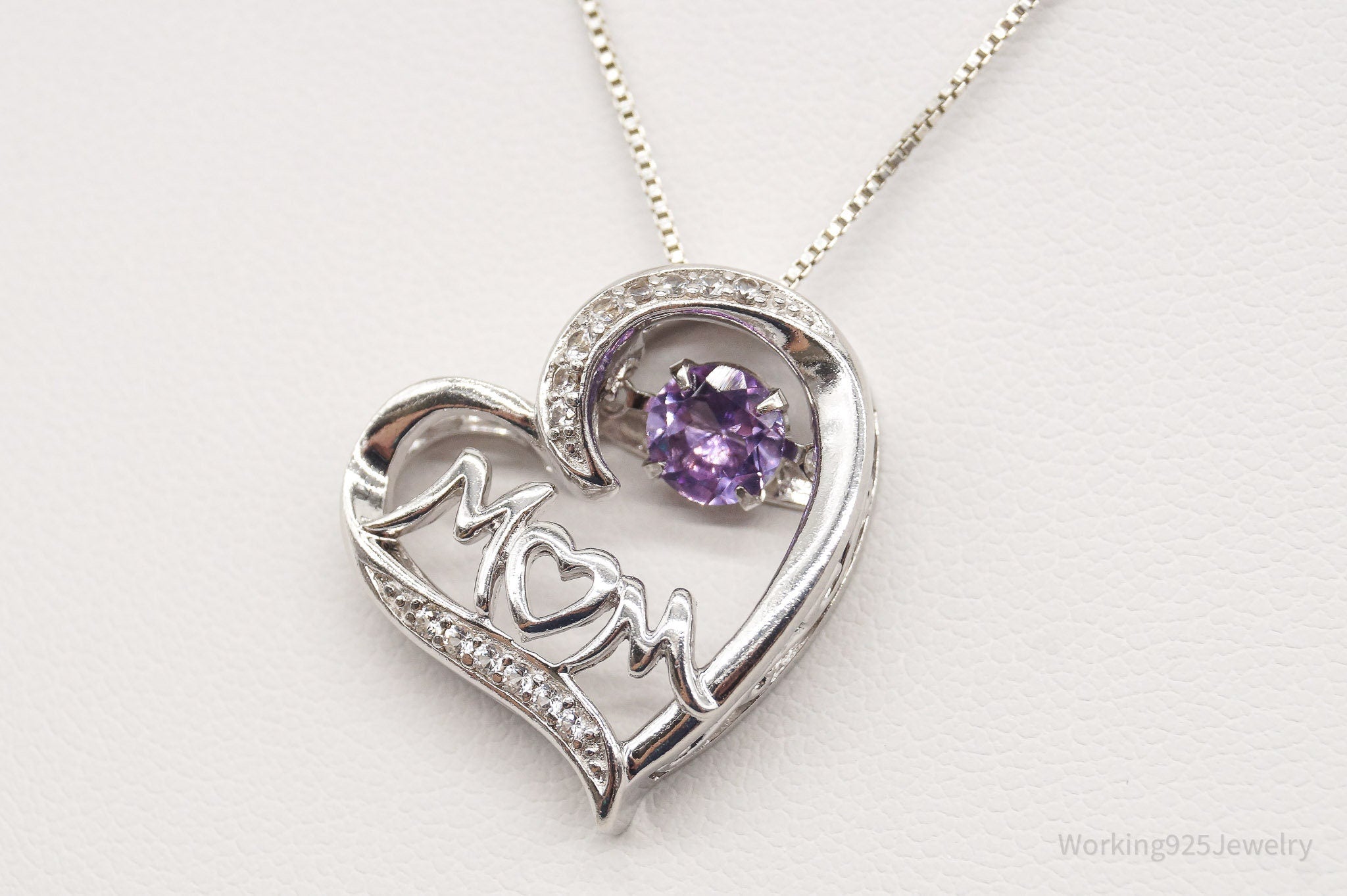 Vintage Designer SAI Amethyst Diamond Heart "Mom" Sterling Silver Necklace